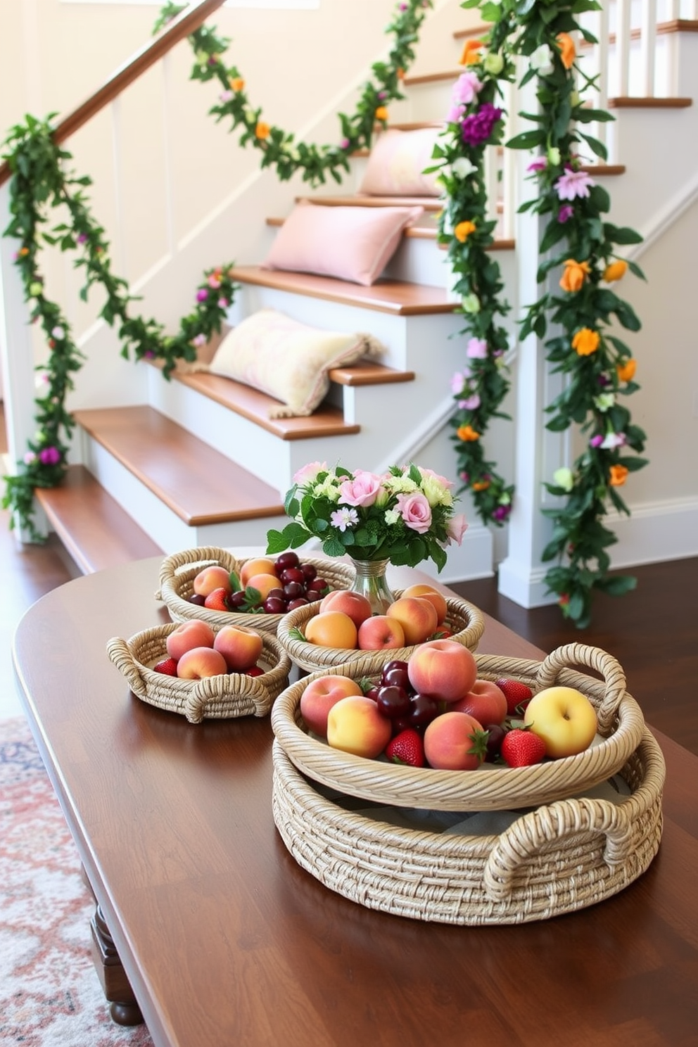 A collection of decorative trays is artfully arranged on a wooden table, filled with vibrant summer fruits like peaches, cherries, and strawberries. The trays are made of woven materials, adding a natural texture that complements the fresh produce. The staircase is adorned with seasonal decor, featuring garlands of greenery intertwined with colorful flowers. Soft, pastel-colored cushions are placed on the steps, inviting a cozy and welcoming atmosphere.