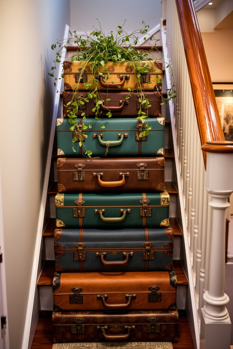 A charming staircase adorned with vintage suitcases stacked artfully on each step. The suitcases, in various colors and sizes, add a playful touch while showcasing travel memorabilia and personal stories. Delicate greenery spills from the top suitcase, bringing a fresh and inviting feel to the space. Soft lighting illuminates the staircase, highlighting the textures and colors of the vintage suitcases.