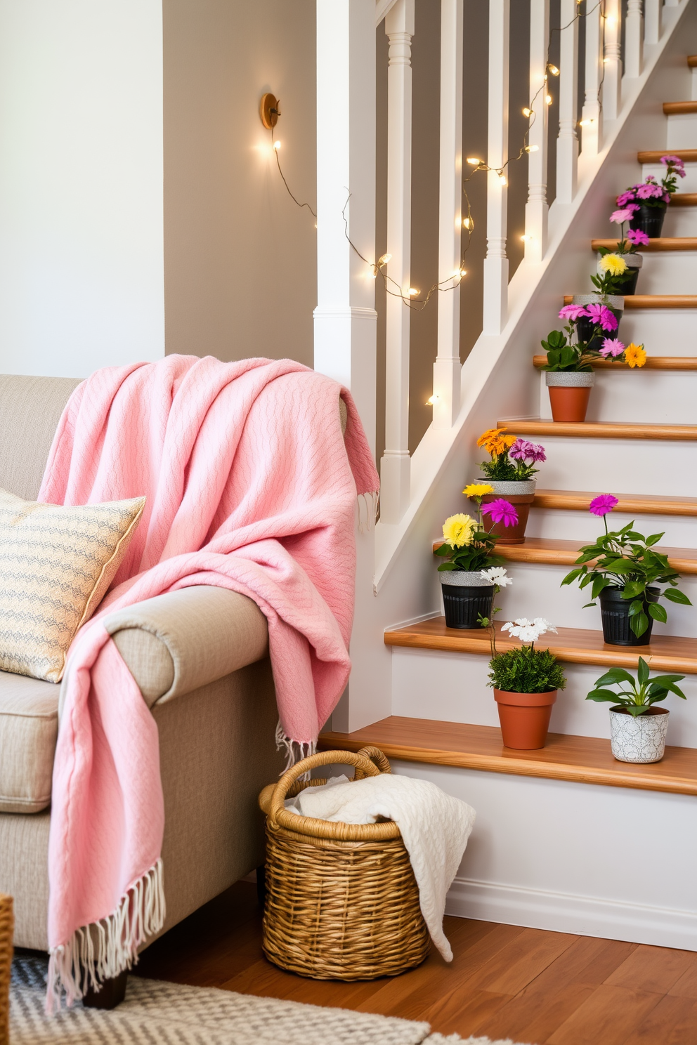 Seasonal throw blankets in soft pastel colors are draped over a cozy armchair, adding a touch of warmth and texture to the living room. A woven basket sits nearby, filled with additional blankets for easy access during cooler evenings. The staircase is adorned with vibrant summer-themed decorations, featuring potted plants with bright flowers on each step. String lights are elegantly wrapped along the banister, creating a cheerful and inviting atmosphere as you ascend.