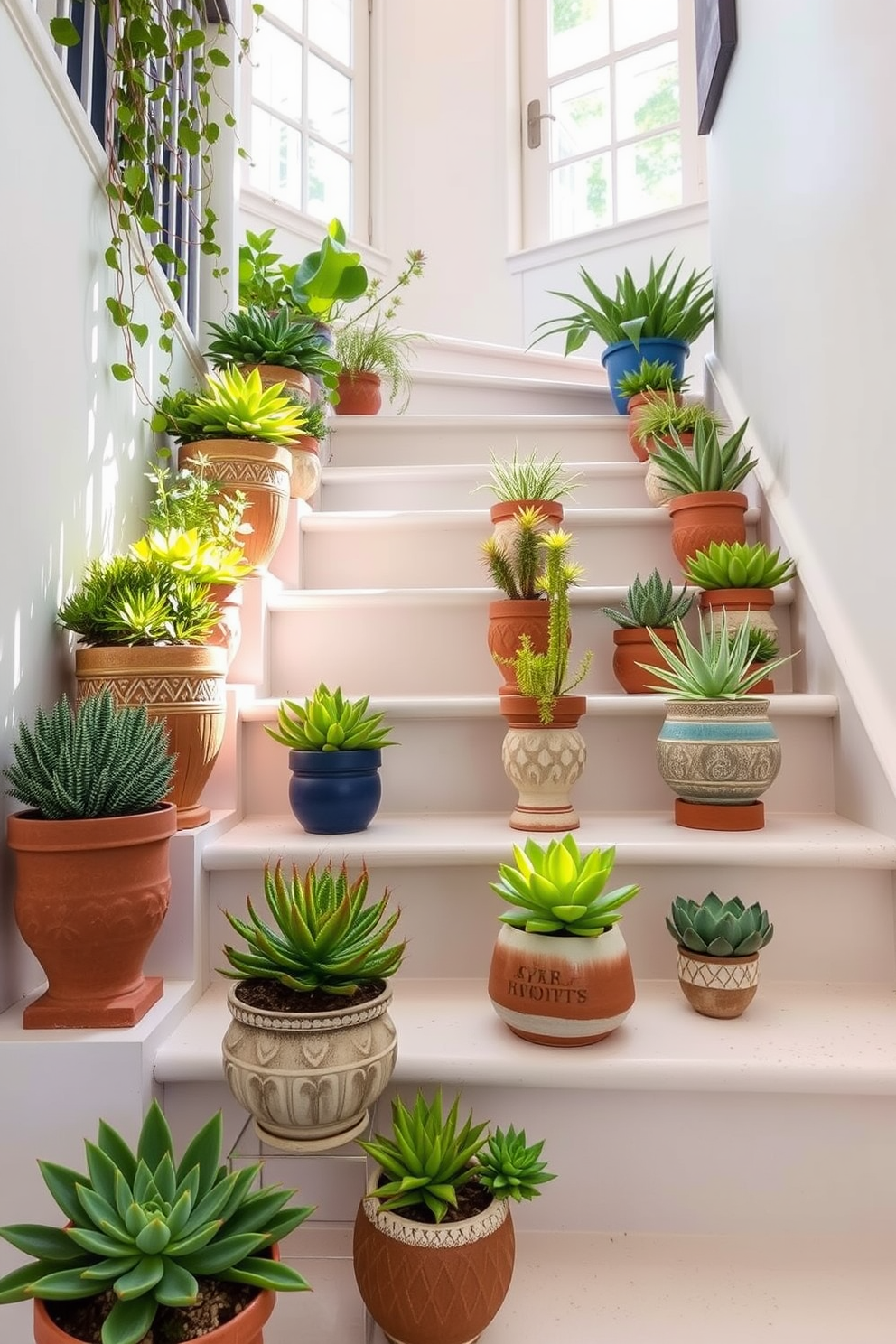 A bright and airy staircase adorned with decorative pots filled with vibrant succulent plants. The pots are arranged on the steps, creating a lush and inviting atmosphere that complements the natural light streaming in from nearby windows. Each pot features a unique design, showcasing a variety of textures and colors that enhance the overall aesthetic. The staircase is painted in a soft white, providing a clean backdrop that allows the greenery to stand out beautifully.