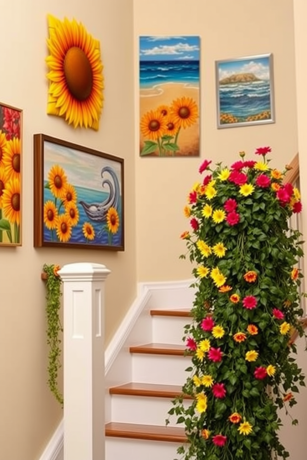 Artistic wall hangings with summer themes. Bright and colorful pieces featuring sunflowers and ocean scenes adorn the walls, creating a vibrant atmosphere. Summer staircase decorating ideas. The staircase is adorned with cascading greenery and cheerful floral arrangements, inviting warmth and a touch of nature into the home.