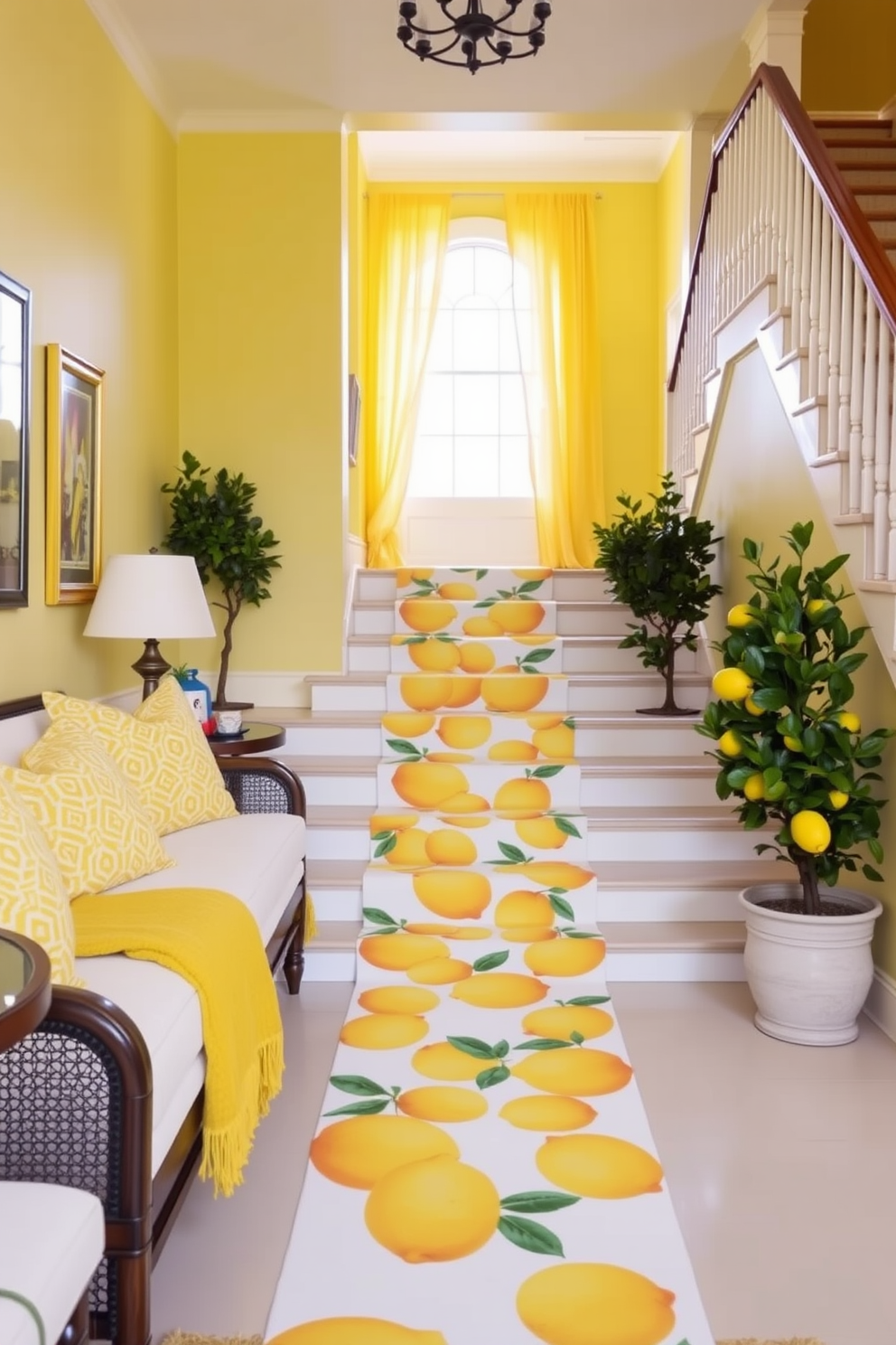 Lemon yellow accents brighten the space, creating a cheerful atmosphere. Decorative pillows and throws in citrus patterns add a fresh touch to the seating area. The staircase is adorned with a vibrant lemon-themed runner, guiding guests upward. Potted lemon trees flank the stairs, bringing a touch of greenery and summer charm.