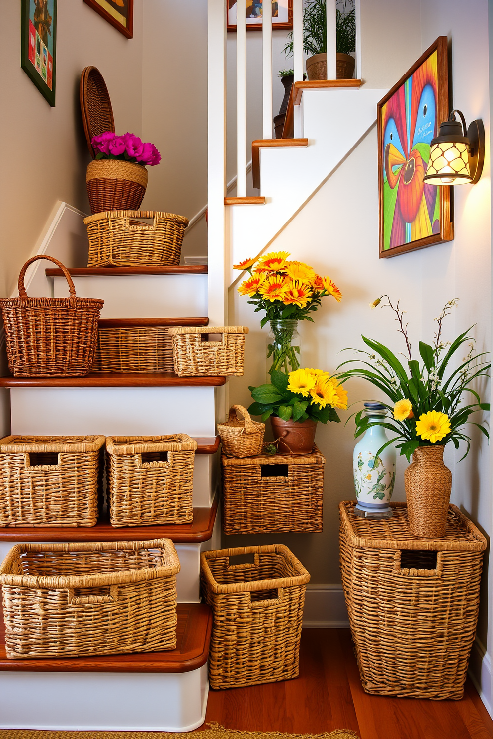 A charming staircase adorned with woven baskets that provide both storage and a stylish accent. The baskets are placed on each step, showcasing a variety of textures and natural fibers, enhancing the warm ambiance of the space. Vibrant summer decor elements are incorporated along the staircase, including fresh flowers and colorful artwork. Soft lighting highlights the decor, creating an inviting atmosphere that celebrates the essence of summer.