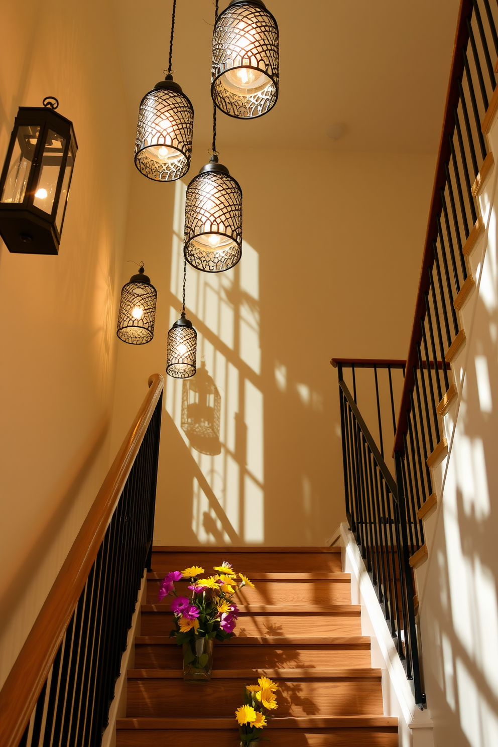 A beautiful staircase adorned with hanging lanterns that provide soft, ambient lighting. The lanterns are intricately designed, casting delicate shadows on the walls and enhancing the warm, inviting atmosphere of the space. The staircase features a mix of natural wood and metal elements, creating a harmonious blend of modern and rustic styles. Fresh summer flowers in vibrant colors are placed on the steps, adding a cheerful touch to the overall decor.