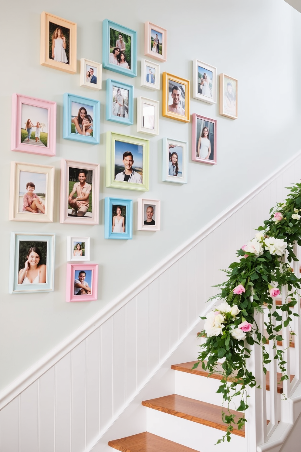 A collection of pastel colored picture frames adorns the wall, each showcasing vibrant summer memories. The staircase is elegantly decorated with cascading greenery and soft floral arrangements, creating a cheerful and inviting atmosphere.