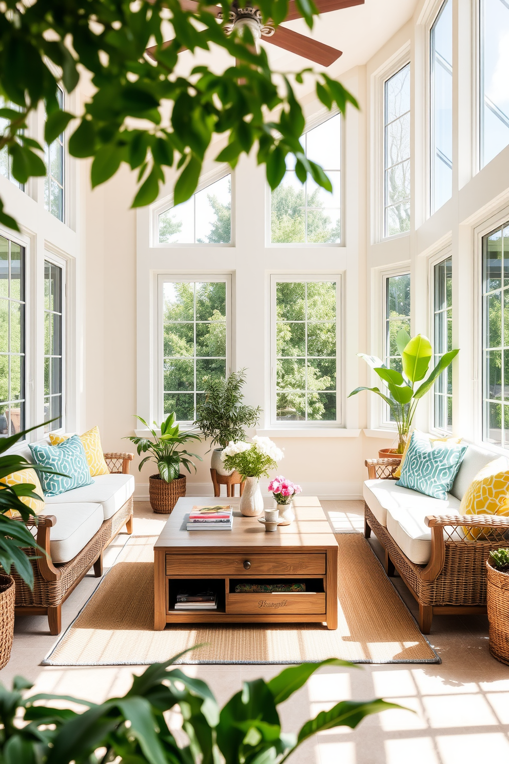 A bright and airy summer sunroom features large windows that allow natural light to flood the space. In the center, a stylish coffee table with built-in storage is surrounded by comfortable seating, creating a perfect spot for relaxation. The walls are painted in a soft pastel hue, enhancing the cheerful ambiance of the room. Lush greenery and colorful cushions add a touch of vibrancy, making the sunroom an inviting retreat for enjoying sunny days.