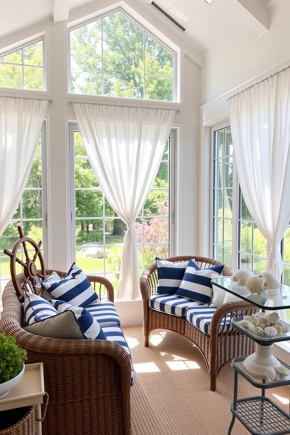 A bright and airy summer sunroom filled with natural light. Soft white curtains flutter gently in the breeze, framing large windows that showcase a lush garden outside. The space features a comfortable rattan seating area adorned with navy blue and white striped cushions. Nautical-themed decor accents, such as a ship wheel and seashells, are thoughtfully arranged on shelves and tables.