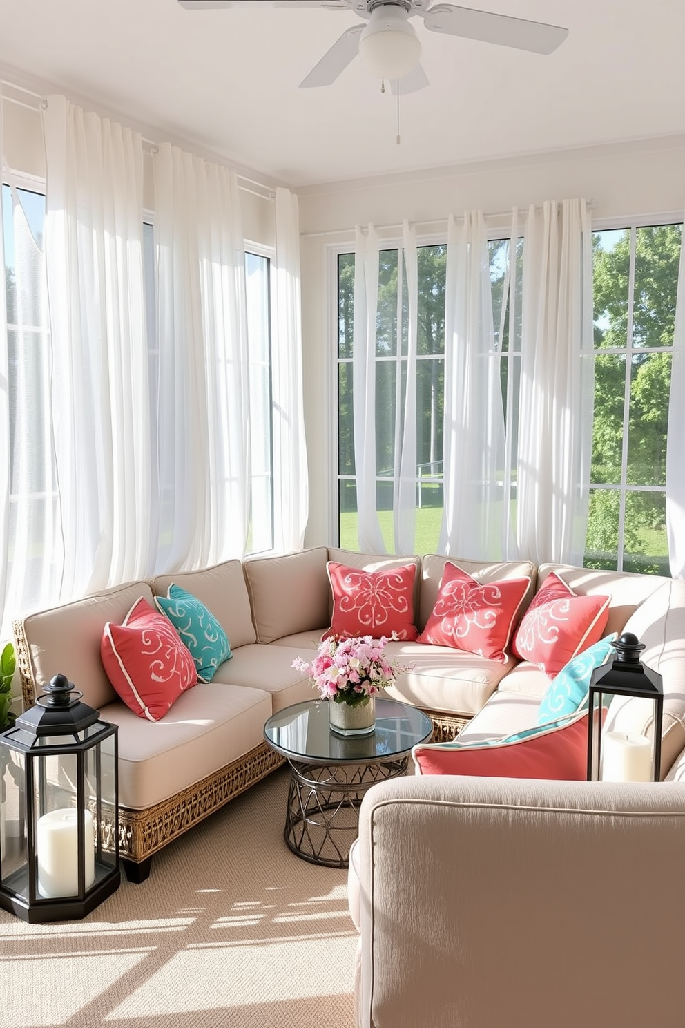 A bright and airy sunroom filled with natural light. The space features large windows adorned with sheer white curtains, allowing the summer sun to flood in. A comfortable seating area includes a plush sectional sofa in light beige, accented with vibrant throw pillows in shades of coral and turquoise. Decorative lanterns are strategically placed on side tables to create a warm and inviting ambiance during the evening.