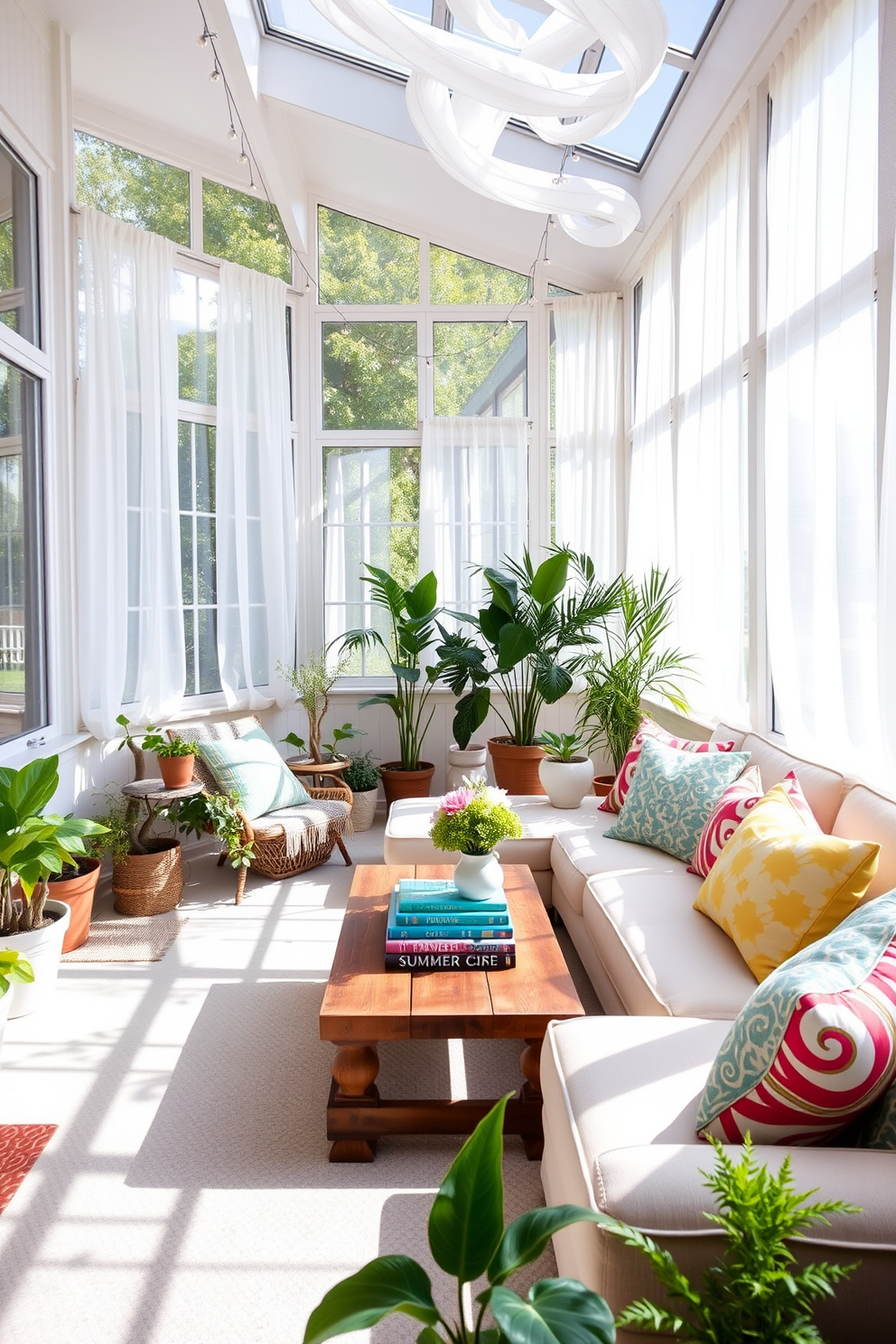 A bright and airy sunroom filled with natural light. The space features large windows with sheer white curtains, allowing the sunlight to filter through softly. A cozy seating area includes a light-colored sectional sofa adorned with colorful throw pillows. Potted plants in varying heights are placed around the room, adding a touch of greenery and life. String lights are draped along the ceiling, creating a warm and inviting atmosphere. A rustic wooden coffee table sits in the center, decorated with a few summer-themed books and a small vase of fresh flowers.