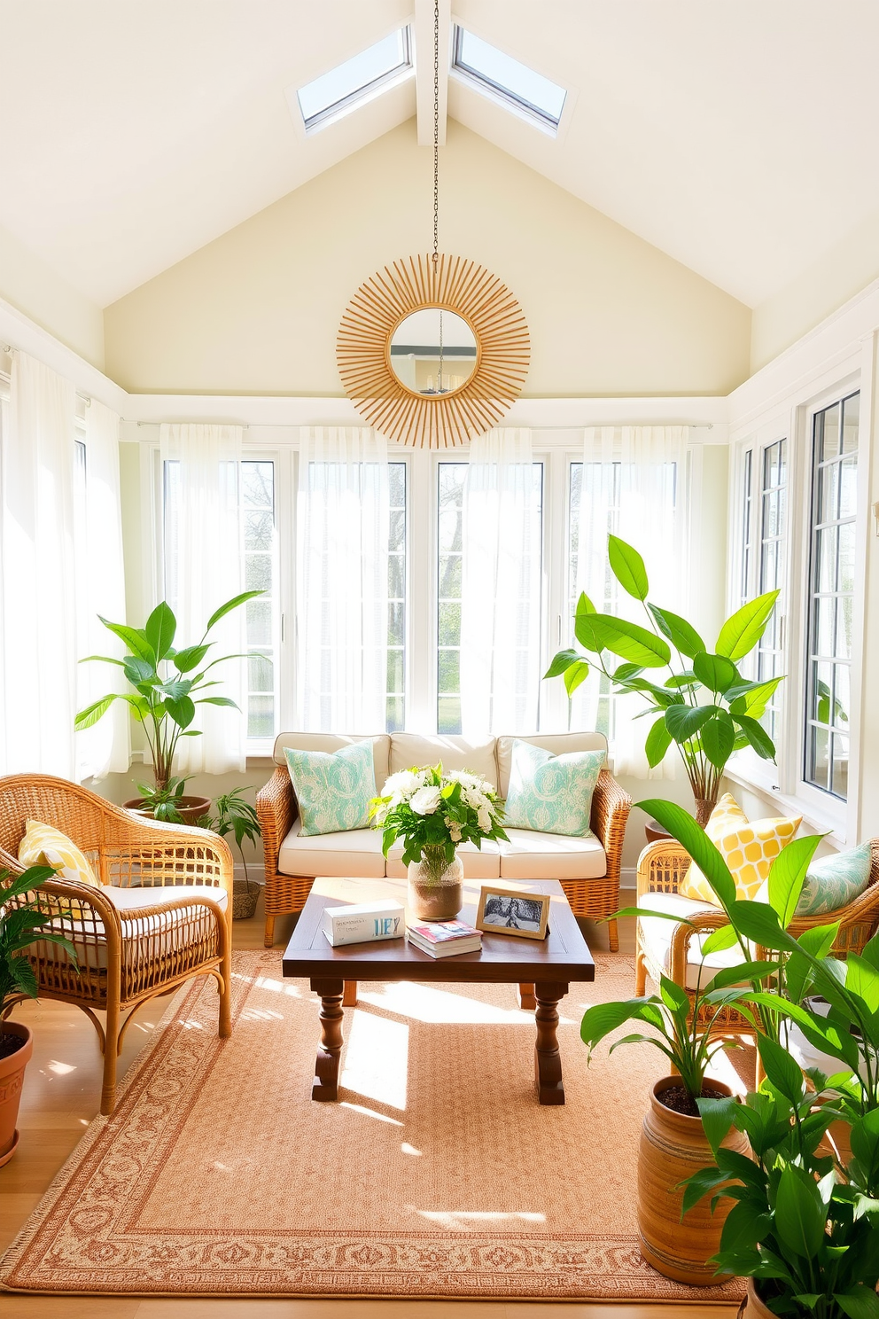 A bright and inviting sunroom filled with natural light. The space features large windows adorned with sheer white curtains, allowing the sun to pour in and illuminate the room. In the center, a comfortable seating arrangement includes a light-colored sofa and a pair of woven chairs. A sunburst mirror hangs above a rustic wooden coffee table, reflecting the sunlight and enhancing the cheerful ambiance. The walls are painted a soft pastel hue, complementing the vibrant greenery from potted plants placed throughout the room. Accessories like colorful throw pillows and a patterned area rug add a playful touch to the summer-inspired decor.