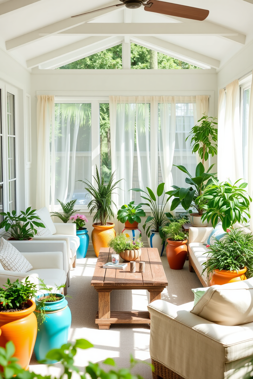 A bright and airy sunroom filled with natural light. Colorful ceramic planters in various shapes and sizes house lush green plants, adding a vibrant touch to the space. Soft, comfortable seating is arranged around a rustic wooden coffee table. Sheer curtains flutter gently in the warm summer breeze, creating a serene and inviting atmosphere.