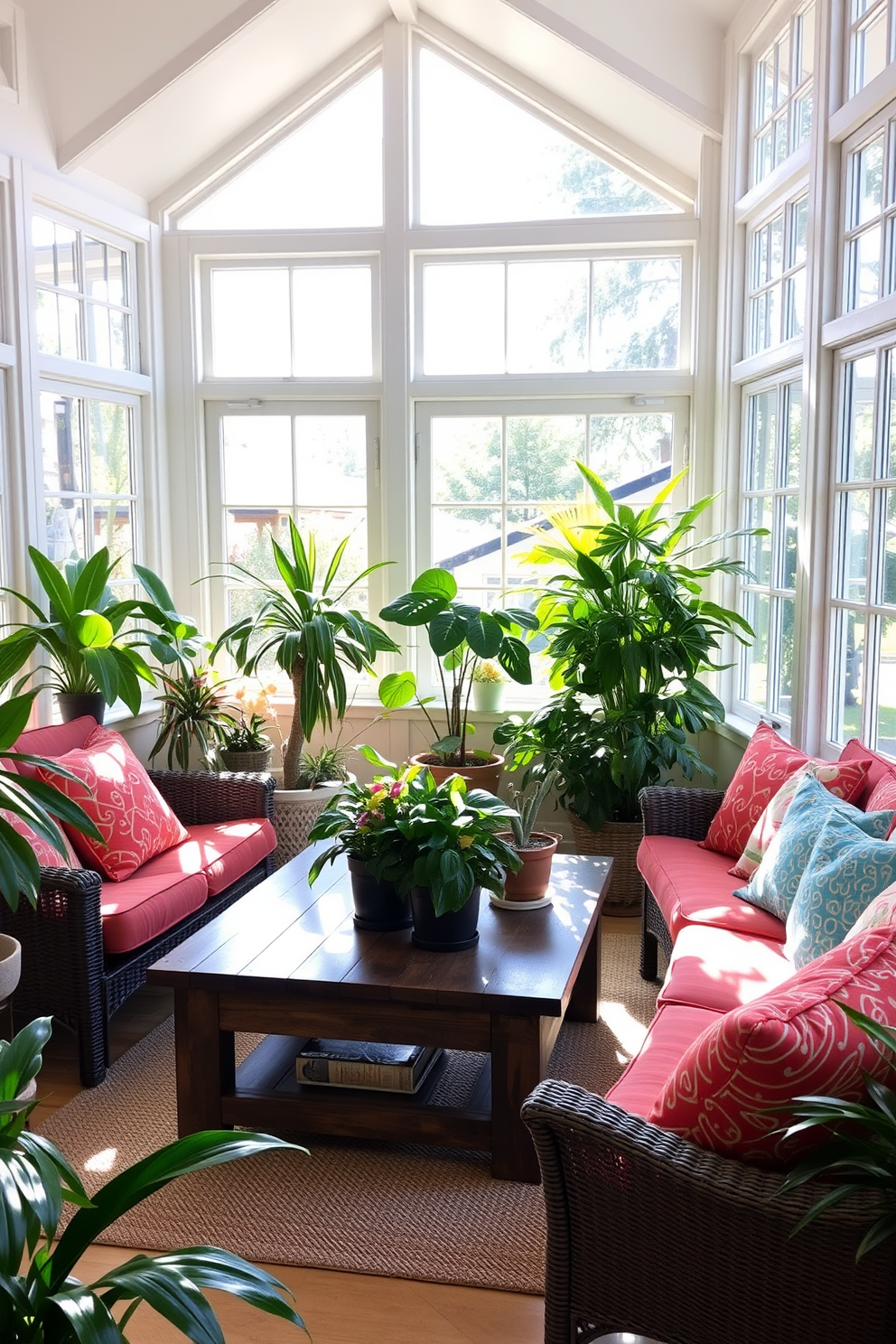 A bright summer sunroom filled with natural light. Large windows allow sunlight to stream in, illuminating comfortable seating adorned with vibrant cushions. Lush indoor plants are strategically placed throughout the space, adding a touch of freshness and greenery. A rustic wooden coffee table sits at the center, surrounded by potted plants in varying heights and textures.