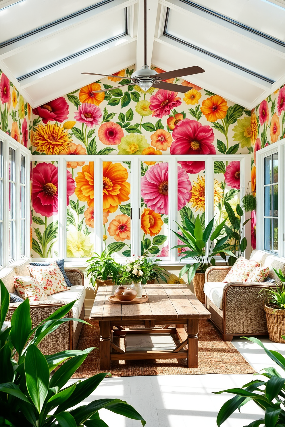 A bright and airy sunroom filled with natural light. The focal point is a bold floral wallpaper on the accent wall, featuring vibrant colors that evoke a sense of summer. Comfortable seating arrangements are placed around a rustic wooden coffee table. Lush green plants are scattered throughout the space, enhancing the fresh and inviting atmosphere.