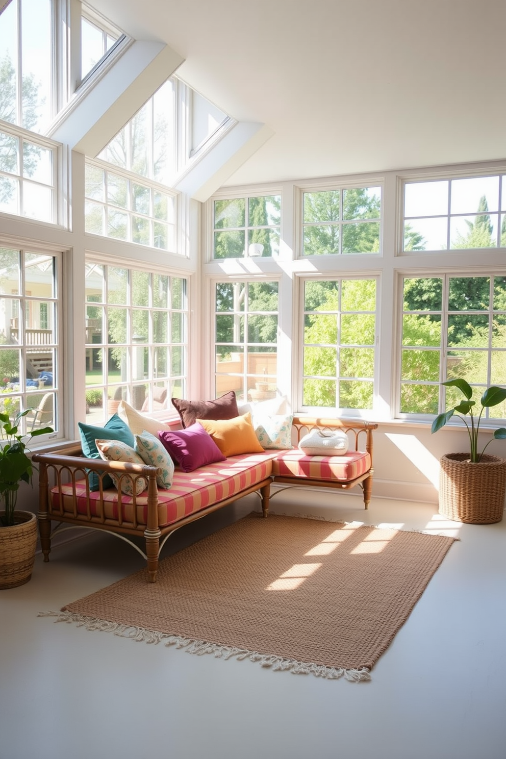 A bright and airy sunroom filled with natural light. The space features a comfortable daybed adorned with colorful cushions for casual lounging. Large windows line the walls, allowing sunlight to flood the room and offering views of the garden outside. The floor is covered with a soft, woven rug that adds warmth and texture to the space.