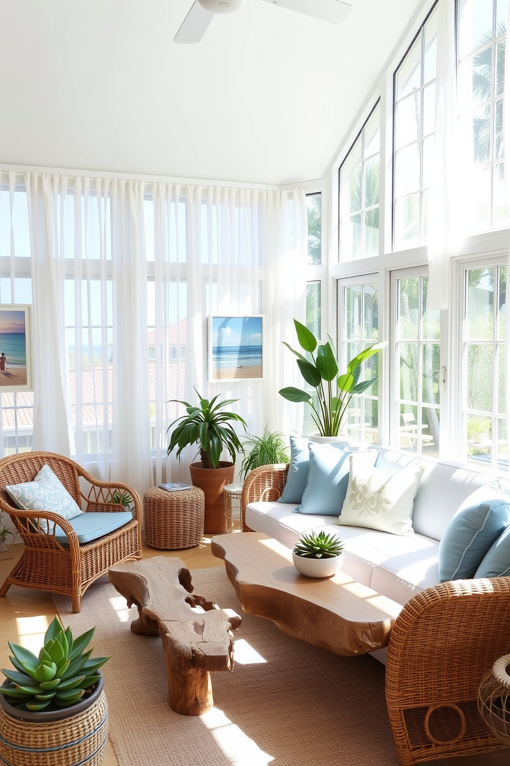 A bright and airy sunroom filled with natural light. The space features large windows adorned with sheer white curtains, allowing the sunlight to filter through gently. Coastal-inspired decor elements are scattered throughout, including a rattan sofa with soft blue cushions and a driftwood coffee table. On the walls, artwork depicting serene beach scenes adds to the relaxed atmosphere, while potted succulents bring a touch of greenery.