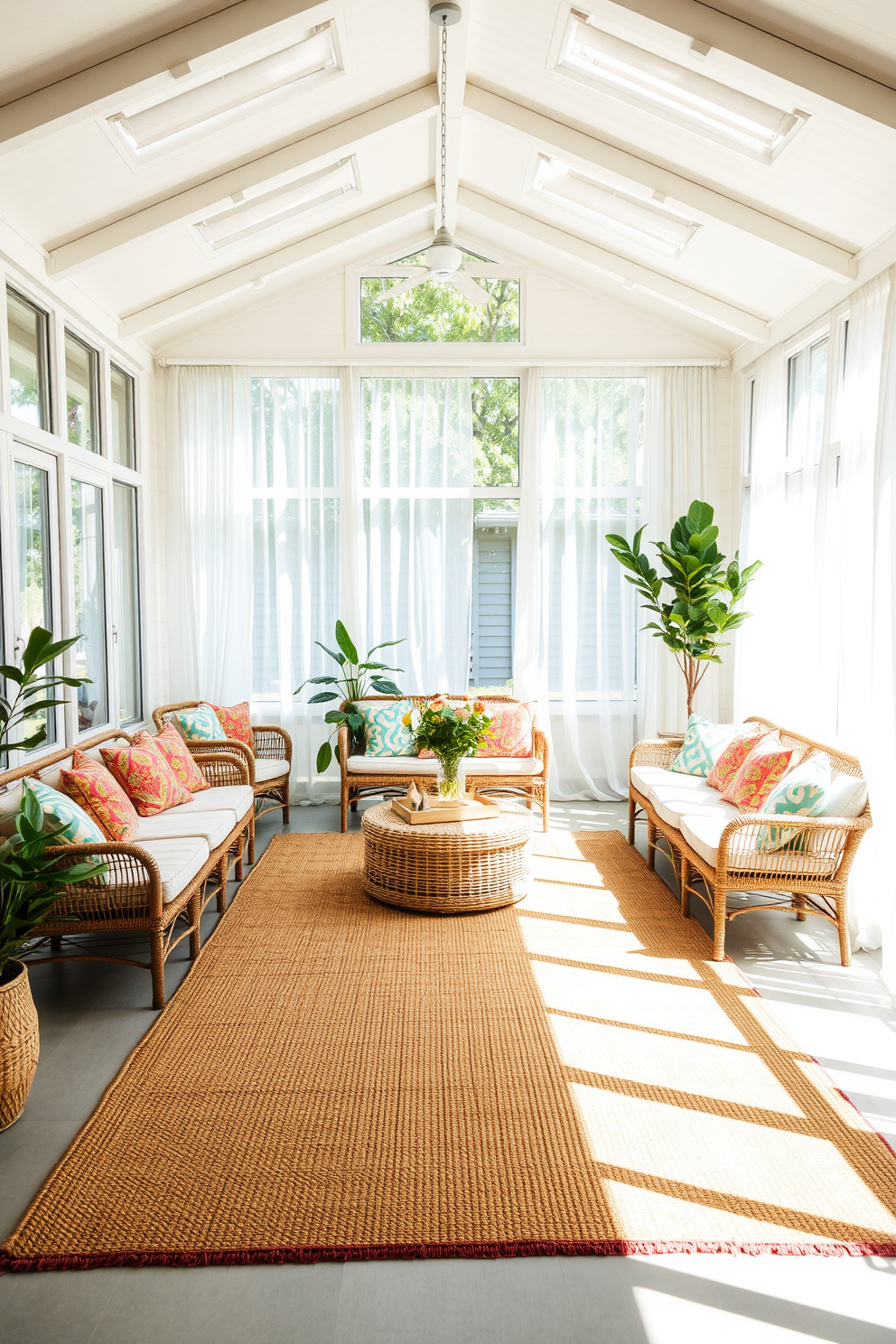 A bright and airy sunroom filled with natural light. A large jute rug covers the floor, adding warmth and texture to the space. Surrounding the room are large windows adorned with sheer white curtains that flutter gently in the breeze. Comfortable seating is arranged with colorful cushions, inviting relaxation and conversation.