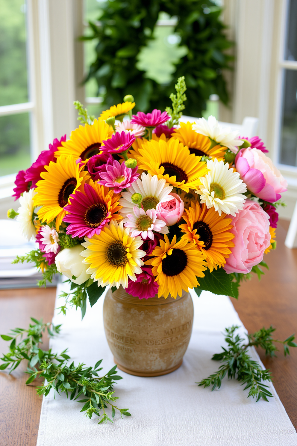 Create a vibrant floral centerpiece for a sunroom table. Incorporate a mix of colorful blooms such as sunflowers, daisies, and peonies arranged in a rustic ceramic vase. Surround the centerpiece with fresh greenery to enhance the natural feel. Use a light linen table runner underneath to complement the bright colors of the flowers.