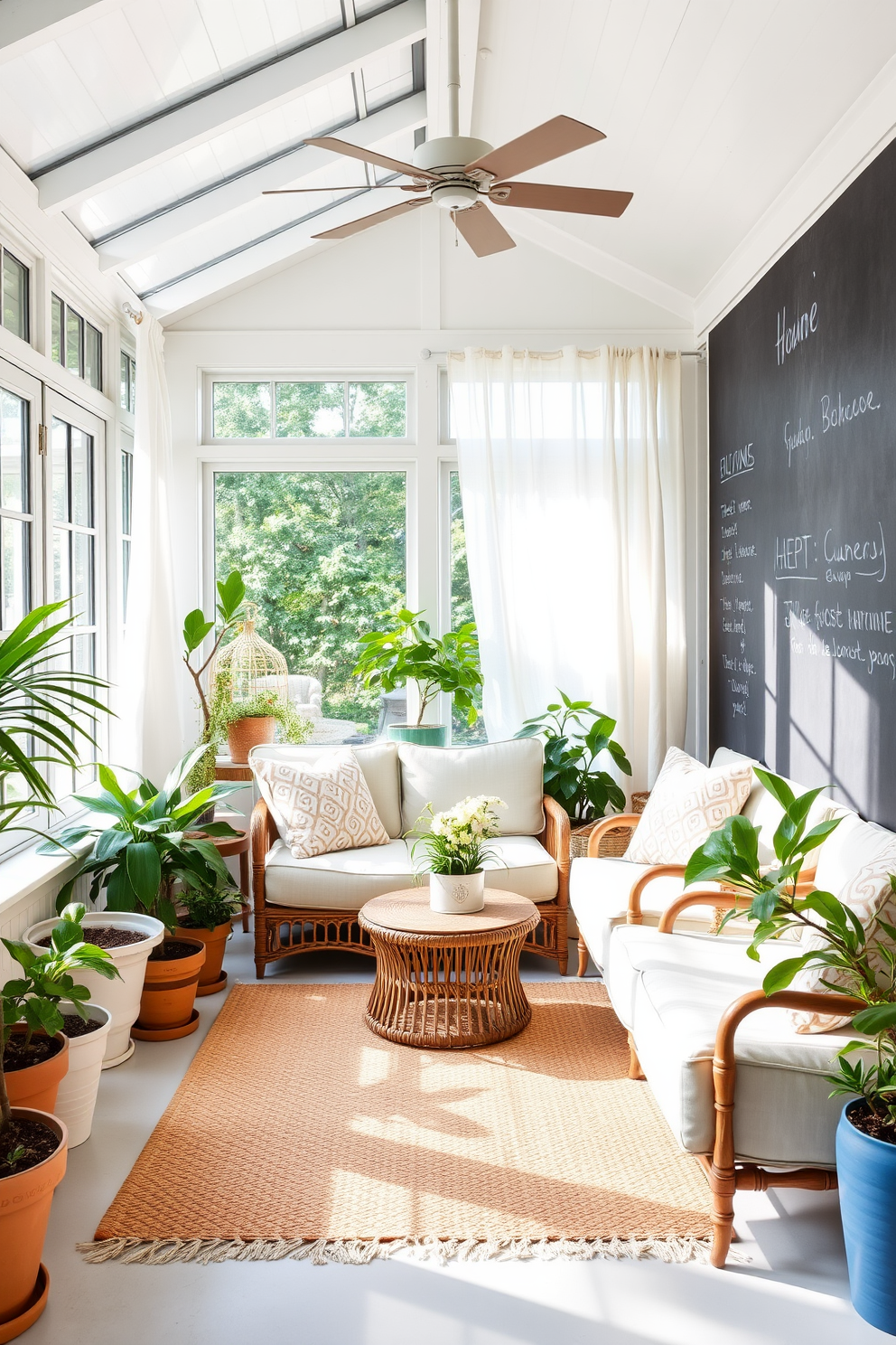 A bright and airy sunroom filled with natural light. The space features a large chalkboard wall for fun messages, surrounded by comfortable seating in light pastel colors. Potted plants in various sizes are placed around the room, adding a touch of greenery. A cozy area rug anchors the seating area, while sheer curtains flutter gently in the summer breeze.