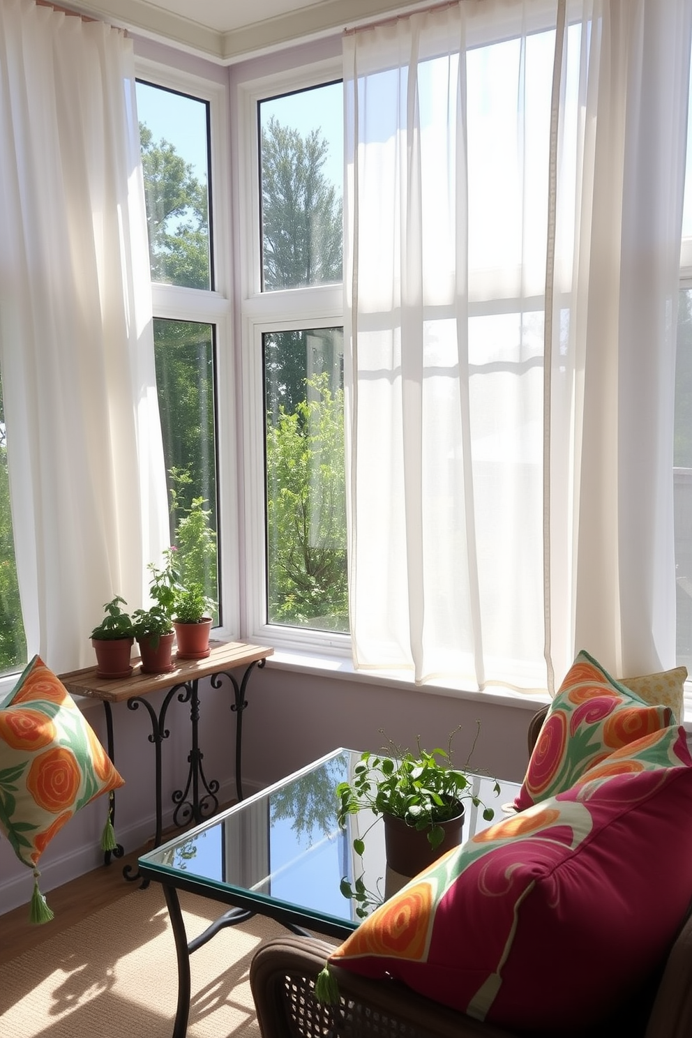 A bright and airy summer sunroom filled with natural light. The space features large windows adorned with sheer white curtains, allowing sunlight to filter through gently. In one corner, there's a small indoor herb garden with pots of basil, rosemary, and thyme on a rustic wooden shelf. Comfortable seating is arranged around a glass coffee table, with vibrant cushions that add a pop of color to the serene environment.