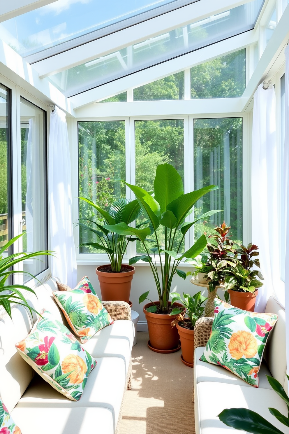 A bright and airy sunroom filled with natural light. The space features a comfortable seating area adorned with decorative cushions in vibrant tropical prints, adding a pop of color to the neutral-toned furniture. Large windows draped with sheer white curtains allow for a gentle breeze to flow through. Potted plants in various sizes are strategically placed around the room, enhancing the tropical ambiance and creating a serene retreat.