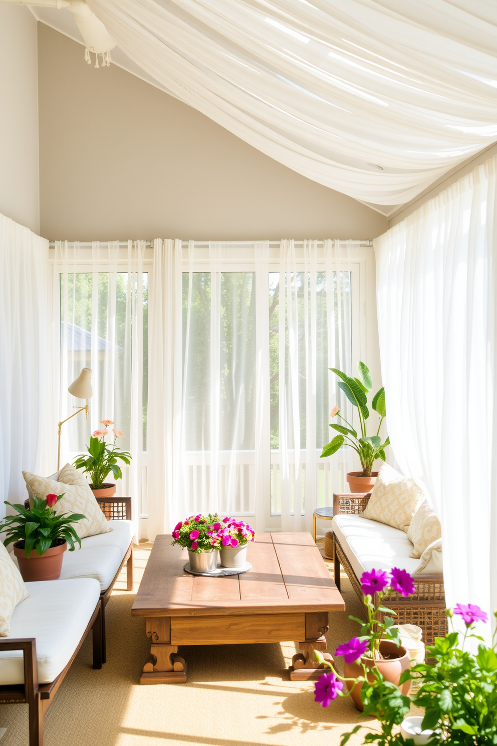 A bright and airy sunroom filled with natural light. The space features light sheer curtains that gently billow with the summer breeze, creating a soft and inviting atmosphere. Comfortable seating with plush cushions is arranged around a rustic wooden coffee table. Potted plants and vibrant flowers add a touch of nature, enhancing the cheerful summer vibe.