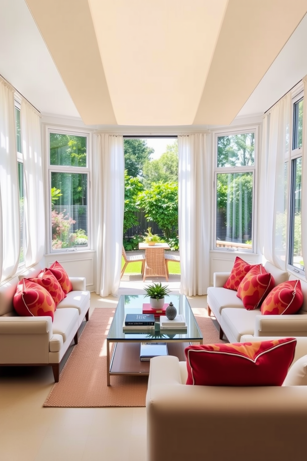 A bright and airy sunroom filled with natural light. Large windows with sheer white curtains frame a cozy seating area featuring a light-colored sectional sofa and vibrant throw pillows. A stylish coffee table sits in the center, adorned with a few decorative books and a potted plant. A sunshade extends over the outdoor space, providing comfortable shade while allowing glimpses of the lush garden outside.