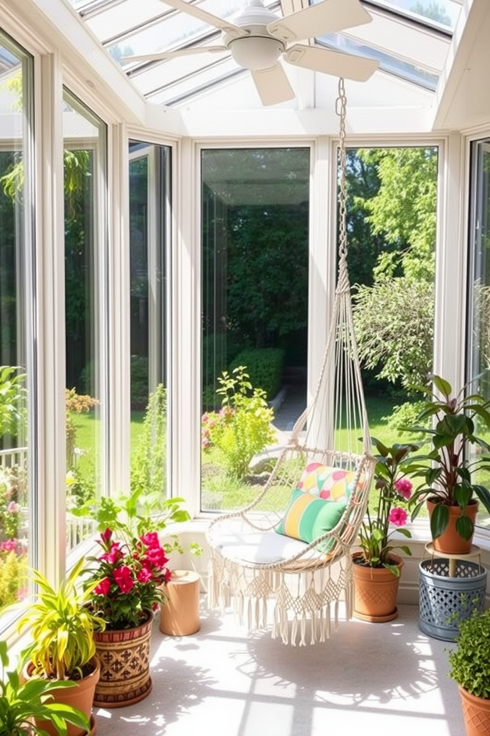 A bright and airy sunroom filled with natural light. The space features large windows that open up to a lush garden, allowing the warm summer breeze to flow through. In one corner, a cozy hammock chair is suspended from the ceiling, inviting relaxation and comfort. Surrounding the chair are vibrant potted plants and colorful cushions that enhance the cheerful atmosphere.