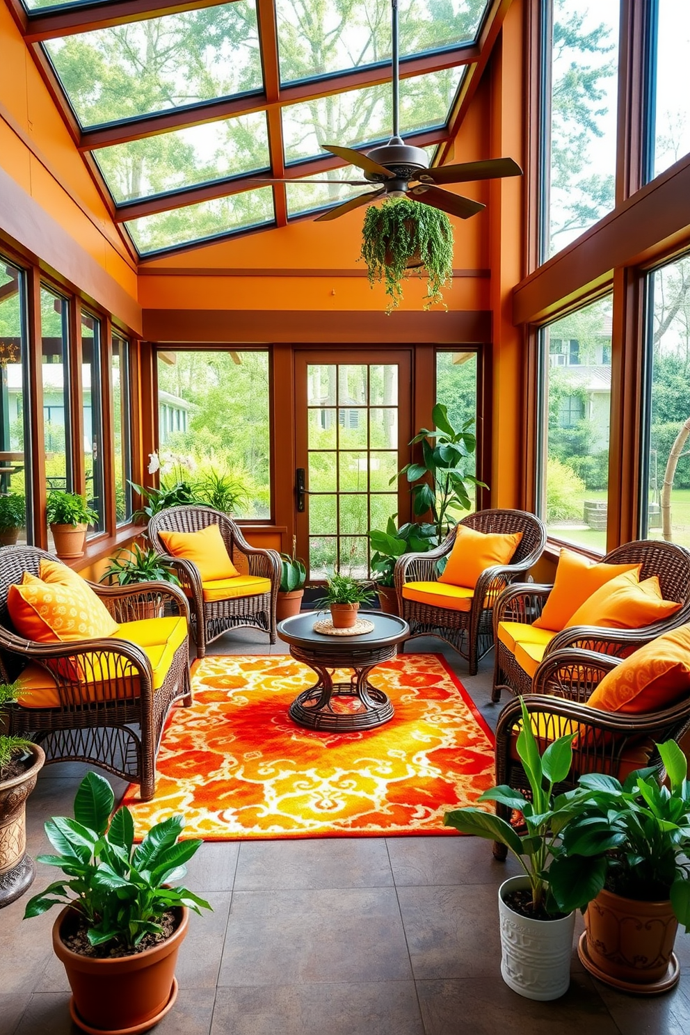 A vibrant area rug in shades of orange and yellow provides warmth and a cheerful focal point in the summer sunroom. Surrounding the rug are comfortable wicker chairs adorned with bright cushions, creating an inviting atmosphere for relaxation. Large windows allow natural light to flood the space, enhancing the bright colors and creating a seamless connection with the outdoors. Potted plants in various sizes are strategically placed around the room, adding a touch of greenery and freshness to the decor.