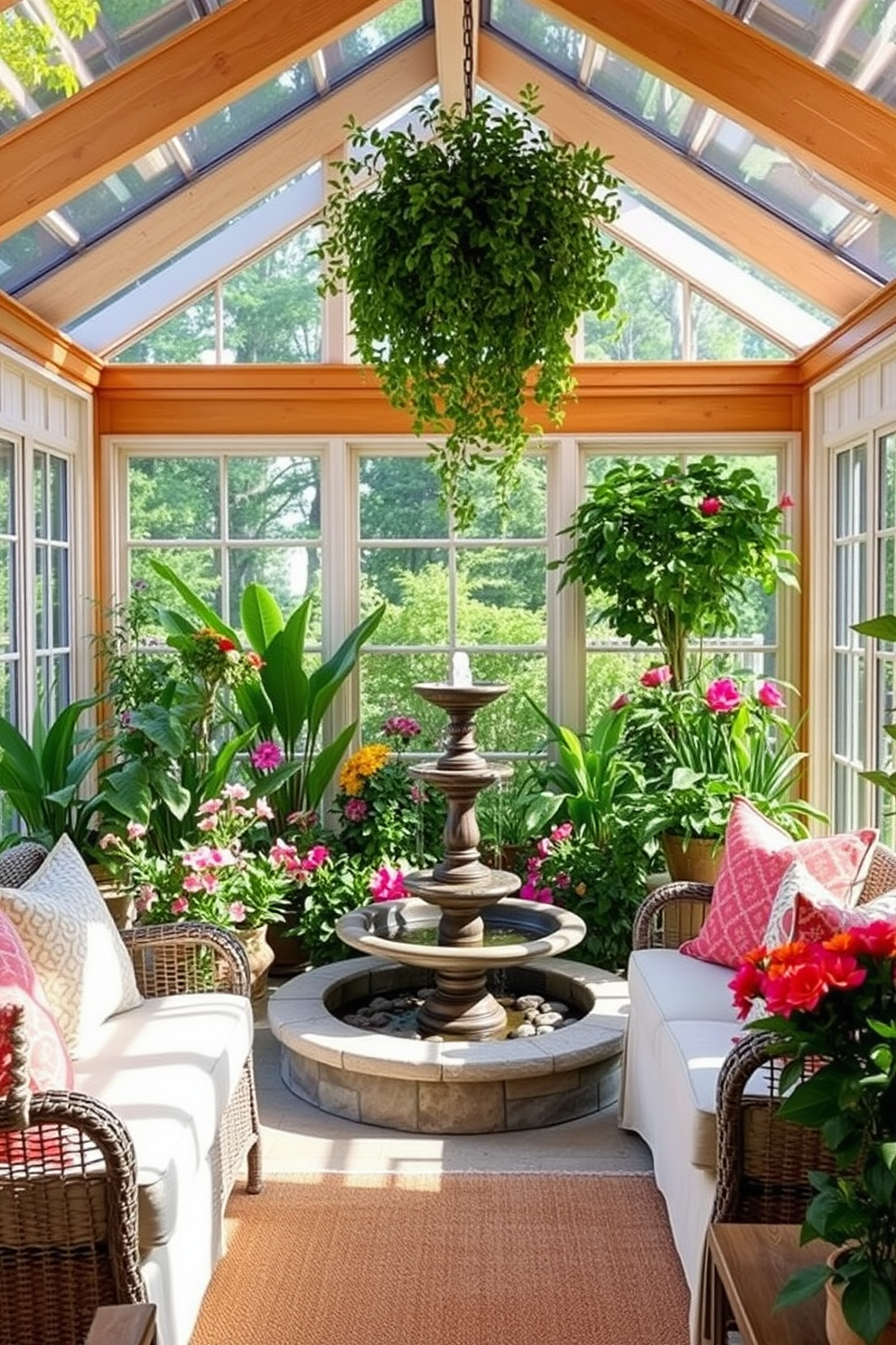 A serene summer sunroom filled with natural light. The focal point is a small indoor fountain surrounded by lush greenery and vibrant flowers. Comfortable seating arrangements are placed near large windows, inviting relaxation. Soft, breathable fabrics in light colors enhance the tranquil atmosphere of the space.