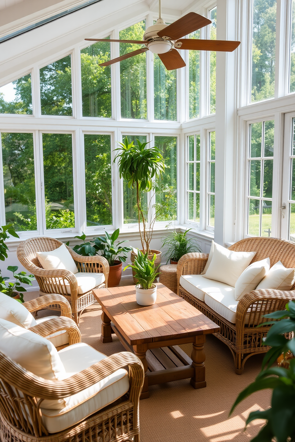 A bright and airy sunroom filled with wicker furniture creates a natural and inviting atmosphere. Large windows allow sunlight to flood in, illuminating the space and highlighting the greenery outside. Plush cushions in soft pastel colors adorn the wicker chairs and sofa, adding comfort and style. A rustic wooden coffee table sits at the center, surrounded by potted plants that enhance the room's organic vibe.