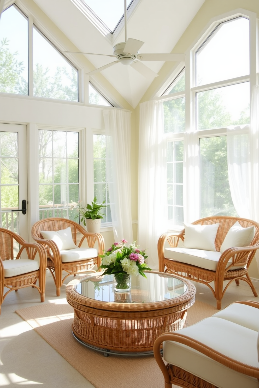 A bright and airy sunroom filled with natural light. The walls are painted in soft pastel shades, creating a serene atmosphere. Comfortable wicker furniture is arranged around a central coffee table, adorned with fresh flowers. Large windows are draped with sheer white curtains, allowing gentle sunlight to filter through.