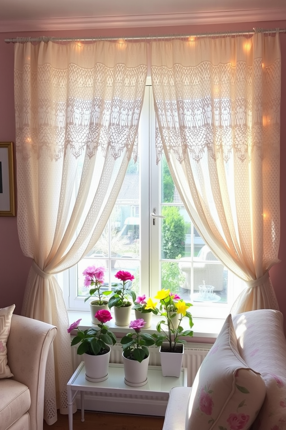 A cozy living room featuring vintage lace curtains that gently filter sunlight, creating a warm and inviting atmosphere. The room is adorned with soft pastel colors and floral patterns, enhancing the romantic vibe of the space. A beautifully styled window with summer decorations, including vibrant potted plants and delicate fairy lights. The lace curtains flutter slightly in the breeze, adding a whimsical charm to the overall decor.