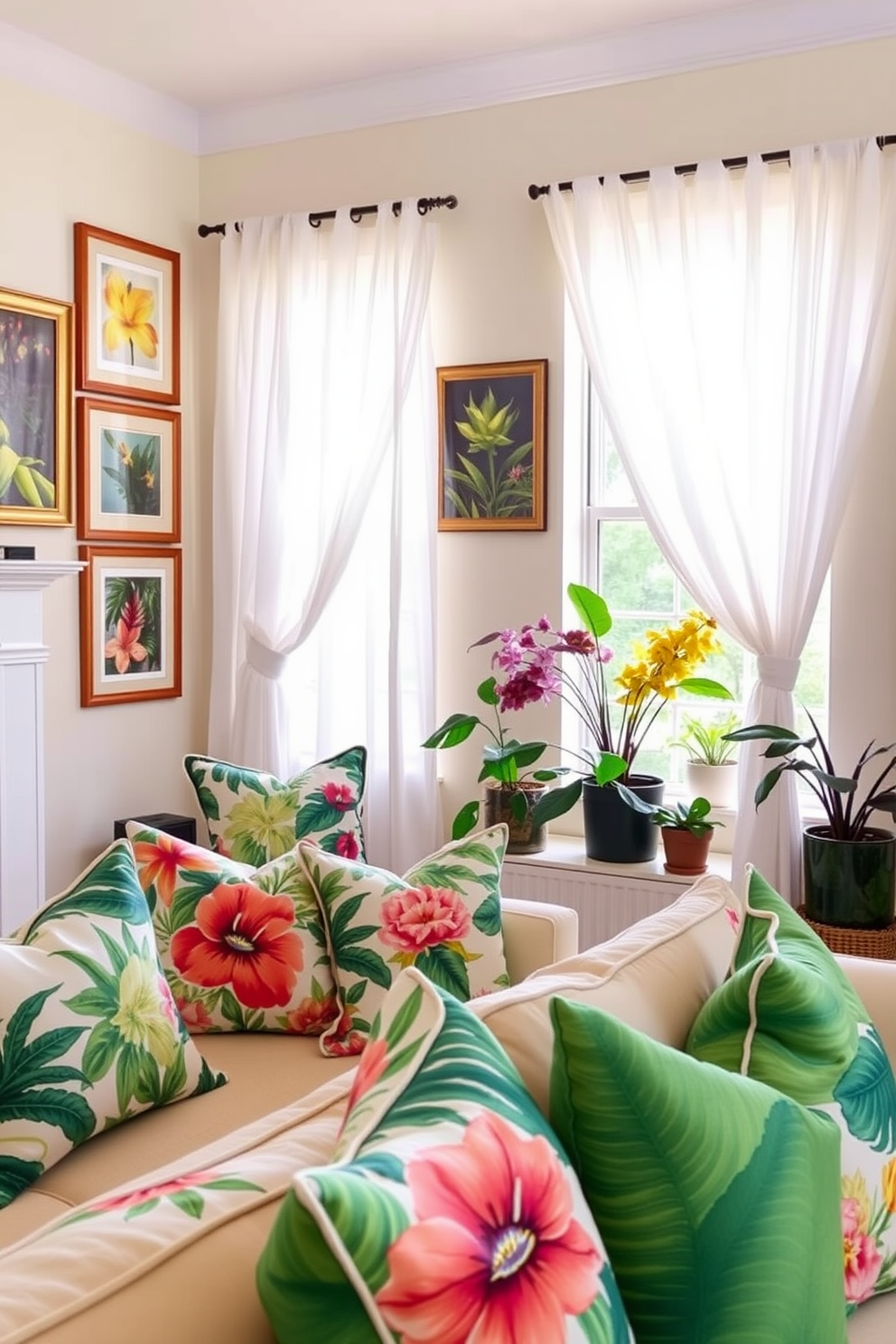 A lively living room featuring tropical prints on throw pillows and curtains. The walls are adorned with framed botanical art, creating a vibrant atmosphere filled with color. For summer window decorating ideas, sheer white curtains gently filter sunlight while allowing the tropical scenery to shine through. Potted plants sit on the windowsill, bringing a touch of nature indoors.