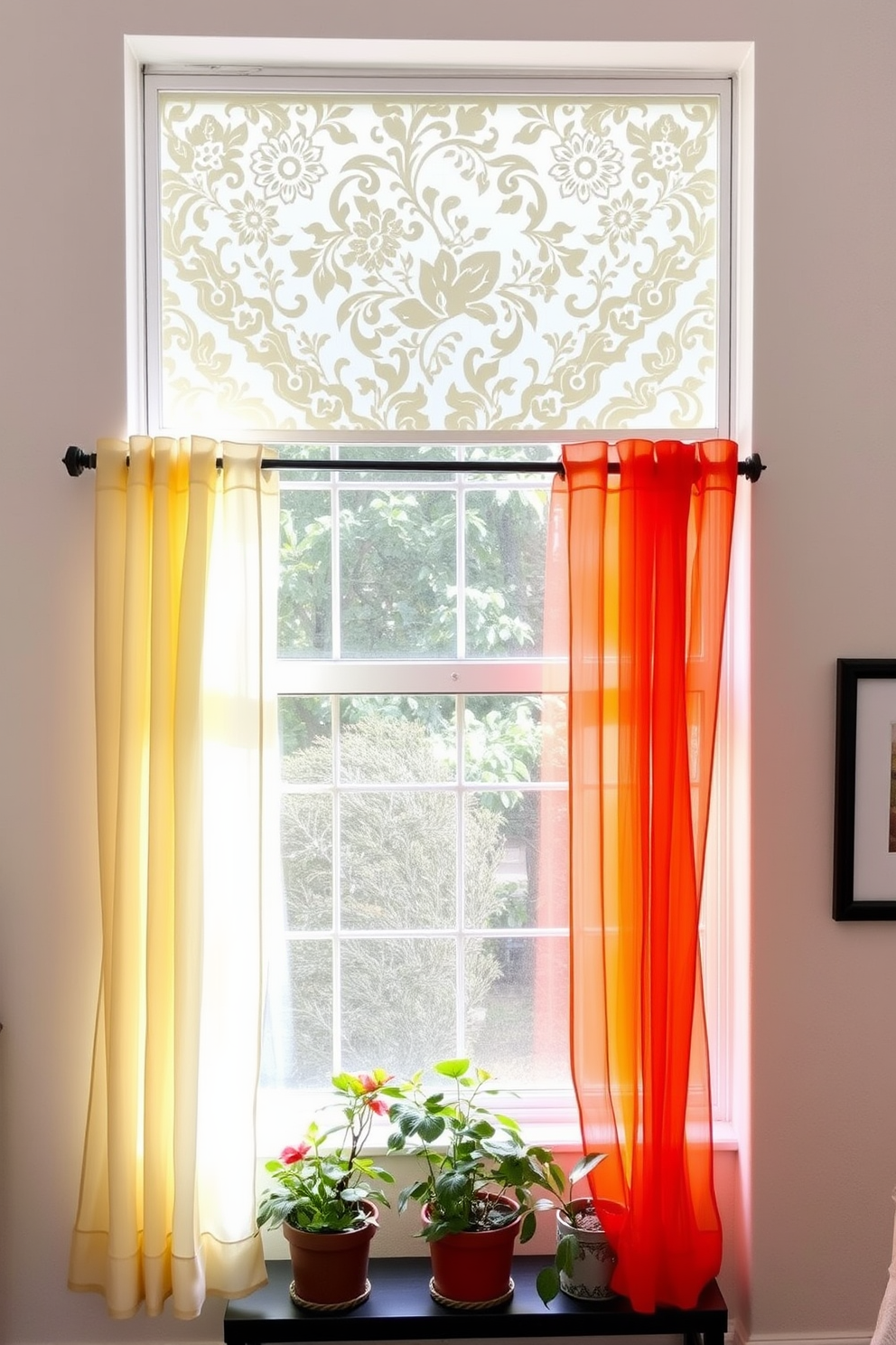 A decorative window film is applied to a large window, featuring an intricate floral pattern that enhances privacy while allowing soft natural light to filter through. The film complements the light, airy atmosphere of the room, harmonizing with pastel-colored curtains that frame the window beautifully. For summer window decorating ideas, vibrant sheer curtains in bright hues are layered over the window film, creating a cheerful and inviting ambiance. Potted plants on the windowsill add a touch of greenery, enhancing the seasonal decor while maintaining a fresh and lively look.