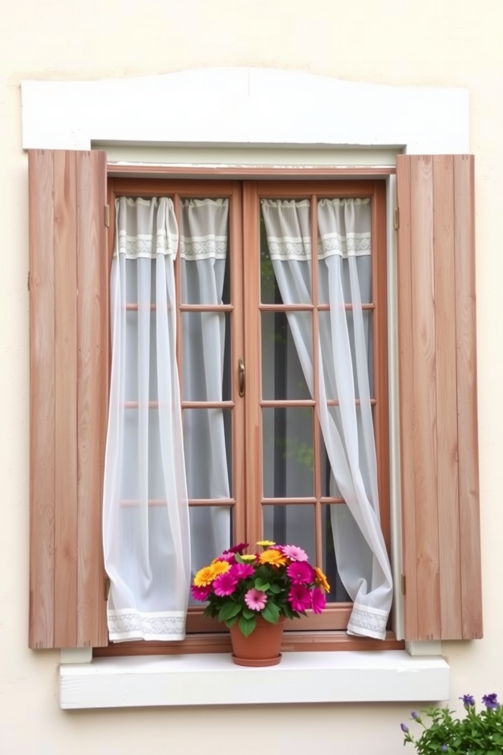 Create a cozy summer window scene featuring rustic wooden shutters that add a touch of charm. The window is adorned with light, airy curtains that flutter gently in the breeze, complemented by vibrant potted flowers on the windowsill.