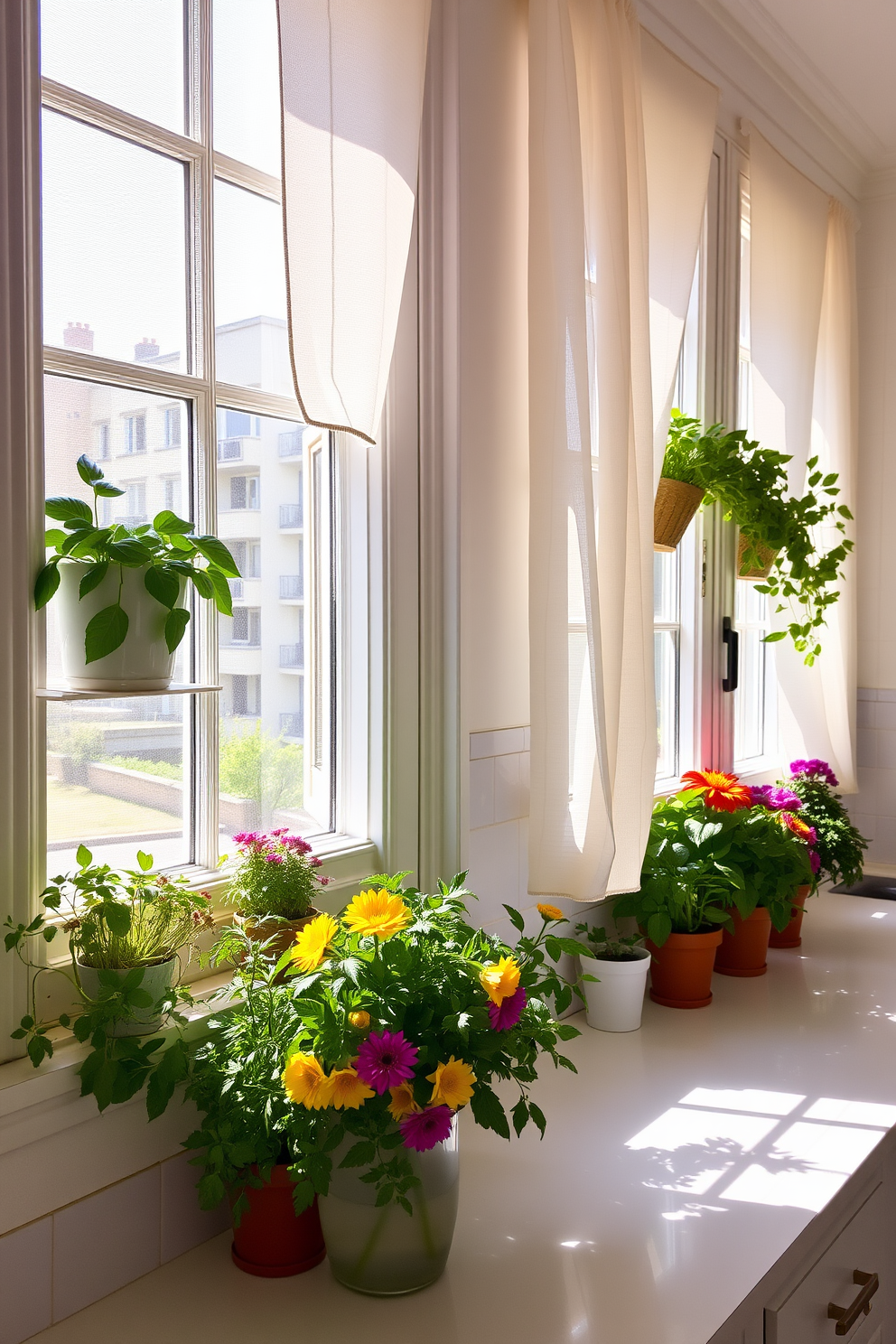 A bright and airy kitchen filled with natural light. Potted herbs in various sizes are arranged on the windowsills, adding a touch of freshness and greenery. The window frames are adorned with light, sheer curtains that gently flutter in the breeze. A cheerful vase of seasonal flowers sits on the countertop, complementing the vibrant herbs.