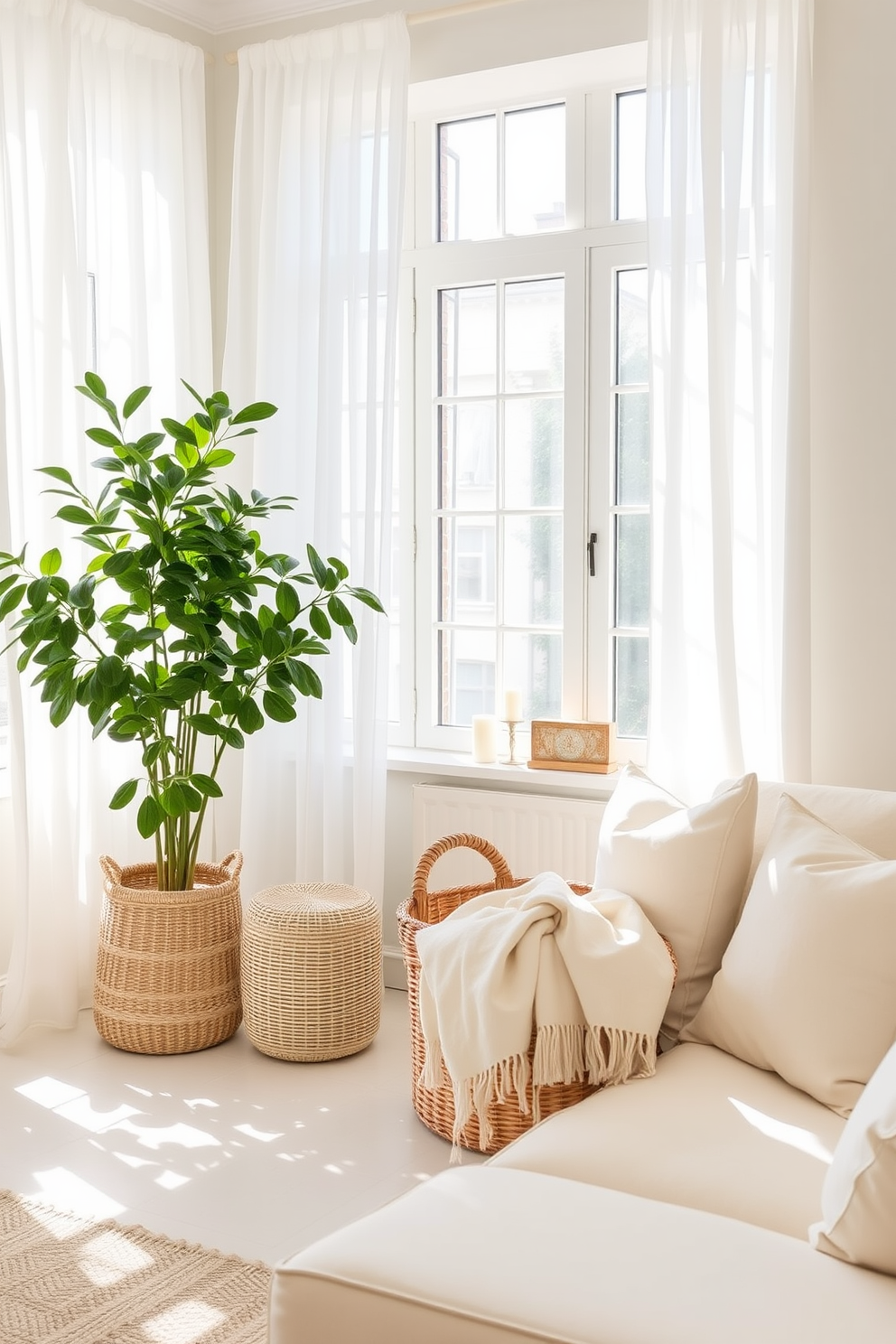 A bright and airy living room filled with natural light. Sheer white curtains frame the windows, allowing sunlight to filter through and illuminate the space. A cozy seating area features a light linen sofa adorned with pastel-colored cushions. A woven basket holds a collection of light throws, perfect for summer evenings. A large potted plant sits in one corner, adding a touch of greenery. On the windowsill, small decorative items and candles create a charming display.