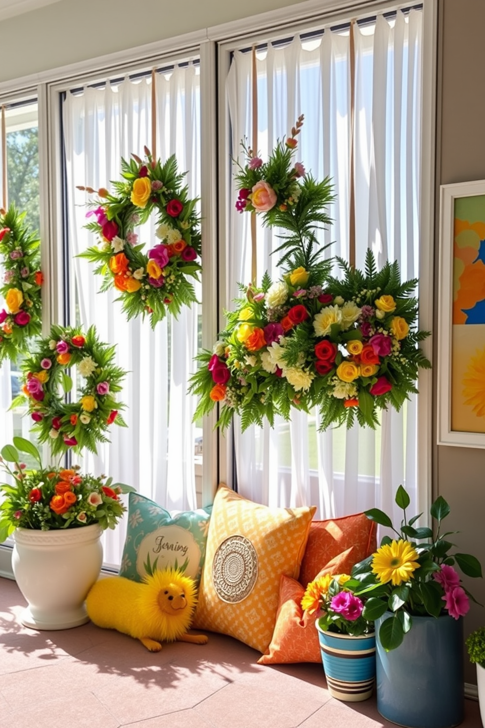 A collection of vibrant seasonal wreaths adorns the front door, each crafted from fresh flowers and greenery that reflect the essence of the season. The wreaths feature a mix of colors and textures, creating an inviting atmosphere for guests. Sunlight streams through the windows, highlighting cheerful summer-themed decorations that include light sheer curtains and colorful throw pillows. Potted plants and bright artwork enhance the lively ambiance, making the space feel fresh and welcoming.