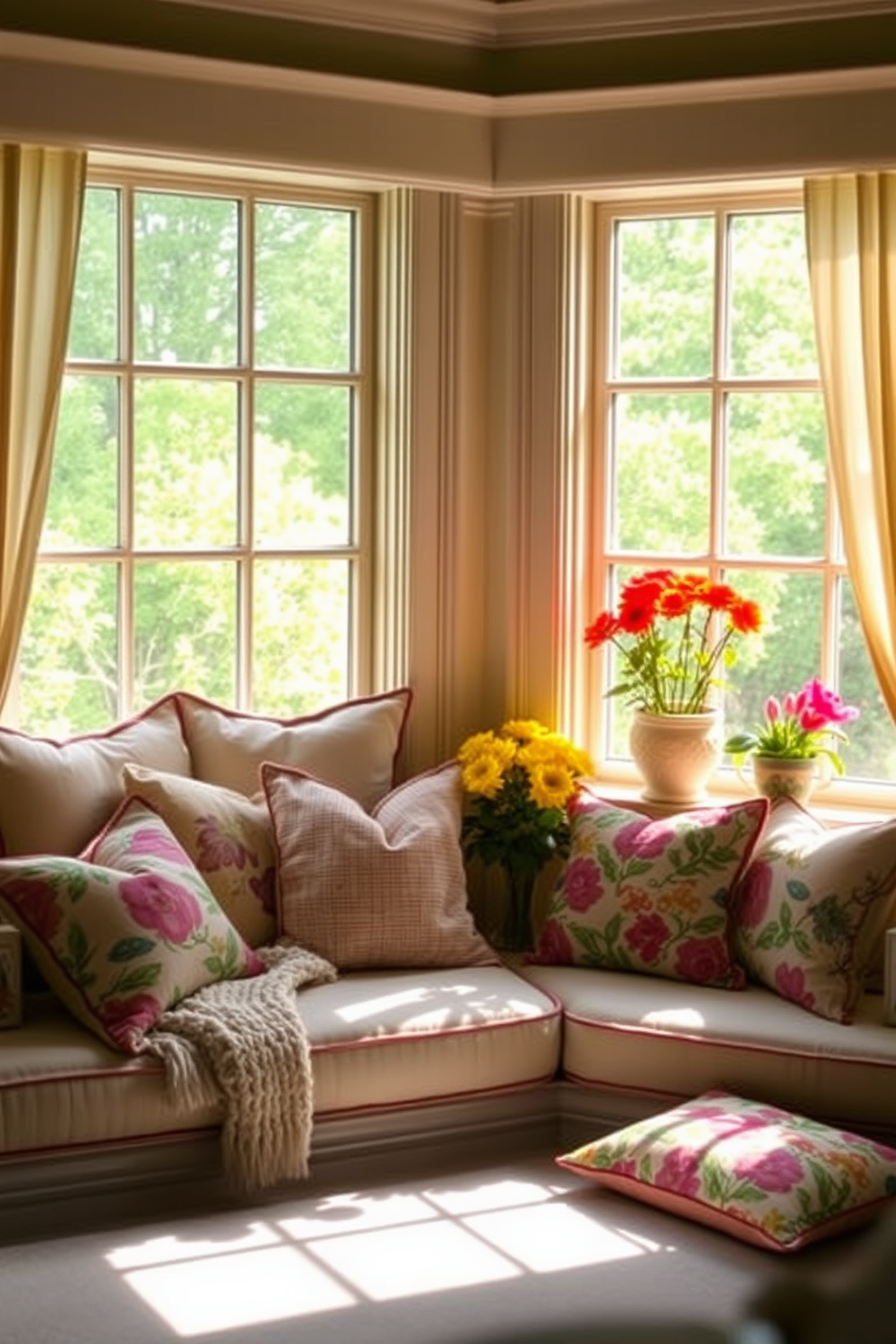 Cushioned window seats create a cozy nook filled with soft, inviting pillows and plush throws. Natural light streams in through large windows adorned with light, airy curtains, enhancing the warmth of the space. For summer window decorating ideas, consider adding vibrant, fresh flowers in decorative pots on the window sill. Brightly colored cushions with floral patterns complement the seasonal theme and invite relaxation.