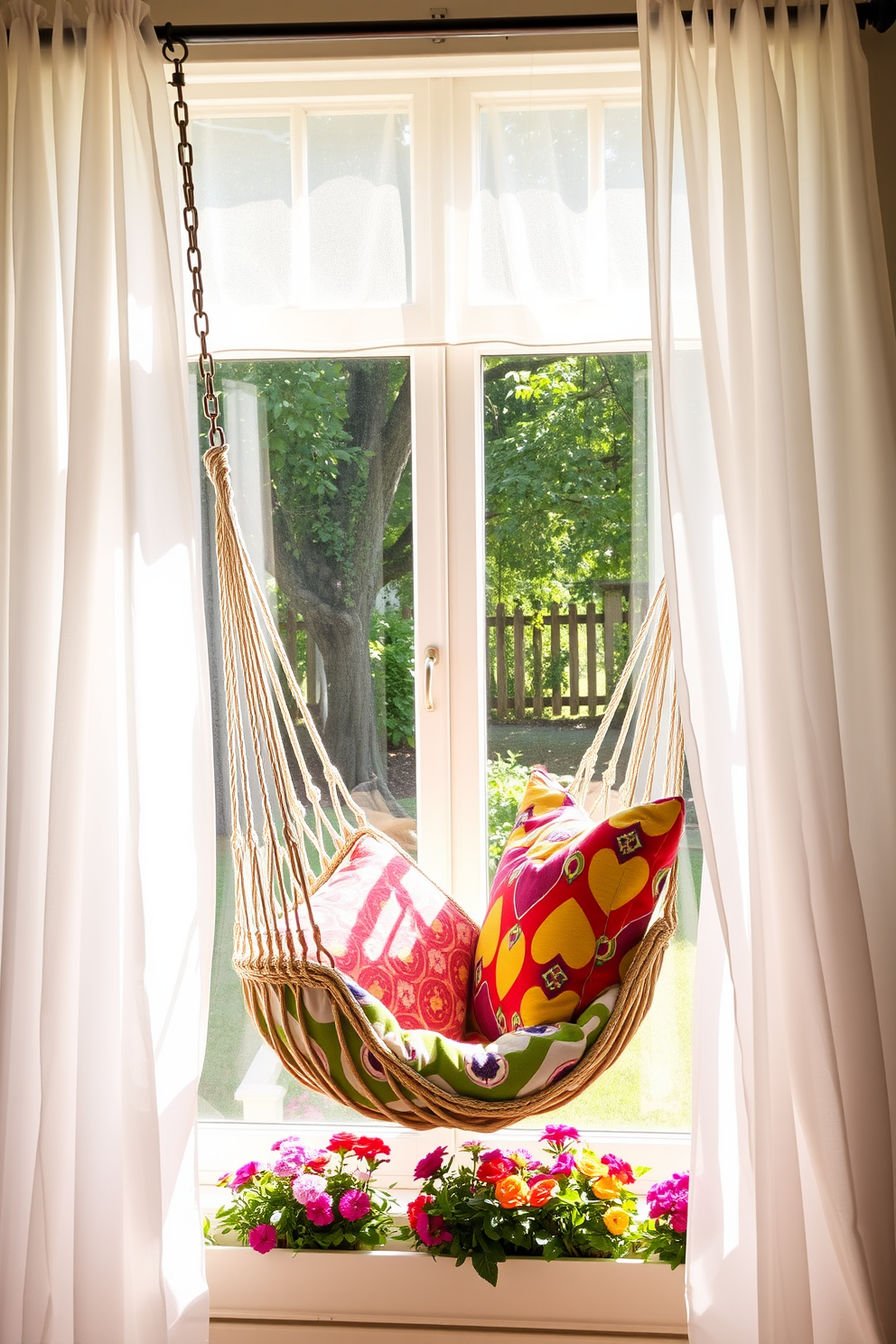 A cozy hammock chair is suspended between two sturdy trees in a sun-drenched garden. The chair is adorned with vibrant, patterned cushions that invite you to unwind and enjoy the warm summer breeze. The window is dressed with sheer white curtains that flutter gently in the wind, allowing soft sunlight to filter through. Colorful flower boxes filled with blooming plants sit on the sill, enhancing the cheerful summer atmosphere.