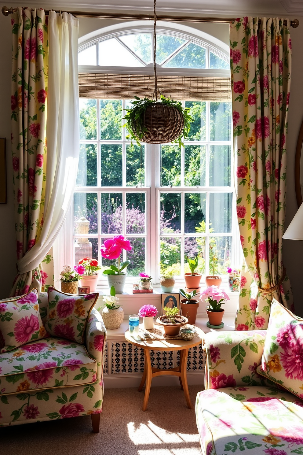 Bright floral patterns for summer vibes. Imagine a lively living room adorned with vibrant floral upholstery on the sofa and accent chairs. The curtains billow softly in the breeze, showcasing a cheerful garden view outside. Summer Window Decorating Ideas. Picture a bright and airy window sill decorated with an array of potted plants and colorful flowers. Sunlight streams in, illuminating a charming display of handmade crafts and seasonal decor.