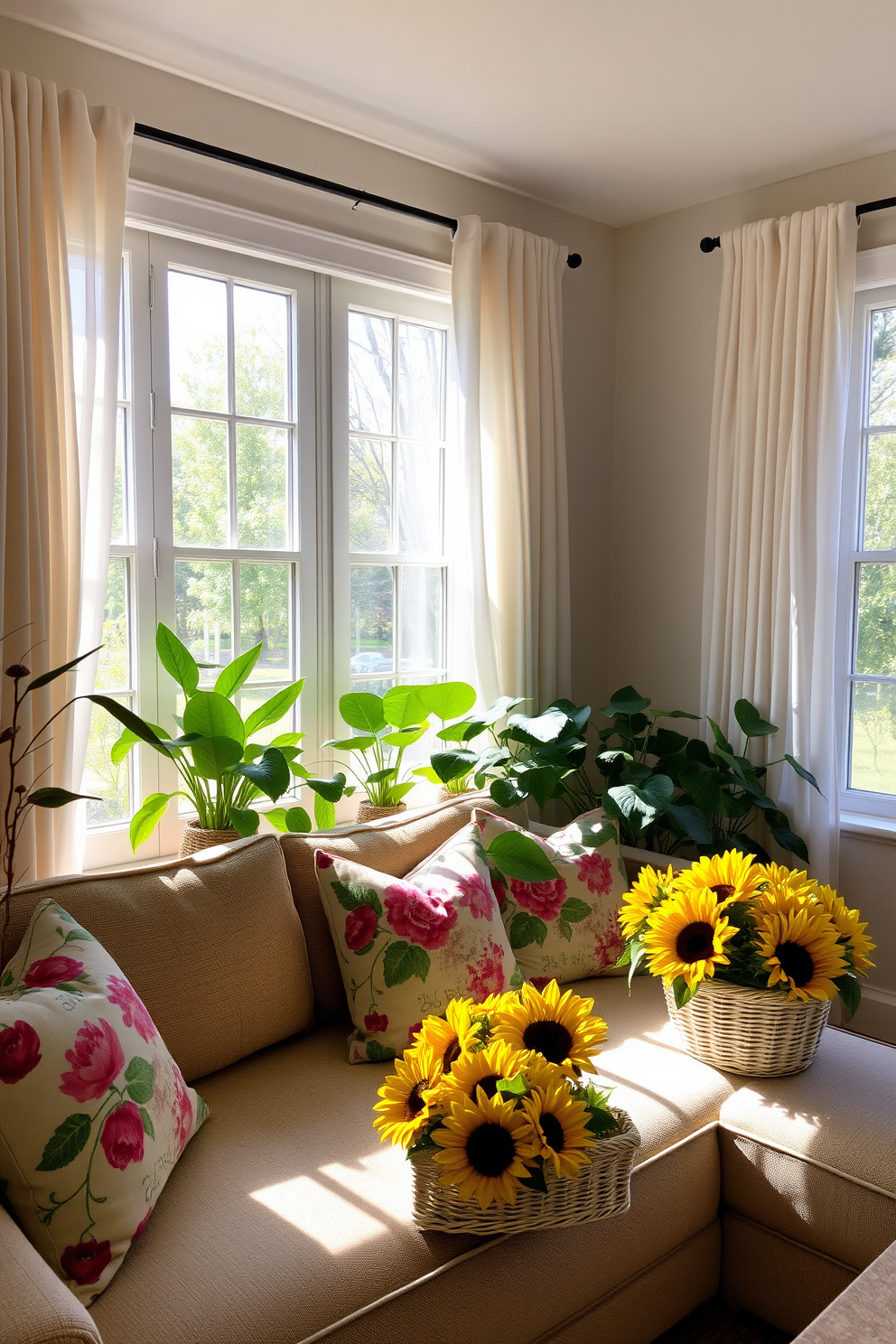 A cozy living room featuring faux plants that add a touch of greenery without the upkeep. The space is brightened by natural light streaming through large windows adorned with light, airy curtains. For summer window decorating ideas, vibrant throw pillows in floral patterns are placed on a comfortable sofa. A light, woven basket filled with sunflowers sits on the windowsill, enhancing the seasonal vibe.