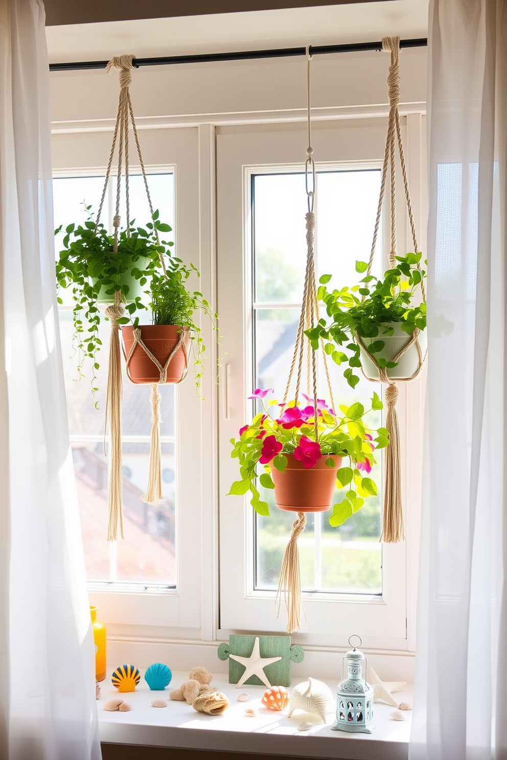 A bright and airy summer window scene filled with natural light. Macrame hangers are suspended from the window frame, showcasing vibrant potted plants and cascading greenery. The window sill is adorned with colorful beach-themed decor, including seashells and small lanterns. Sheer white curtains gently billow in the breeze, adding a soft touch to the bohemian aesthetic.