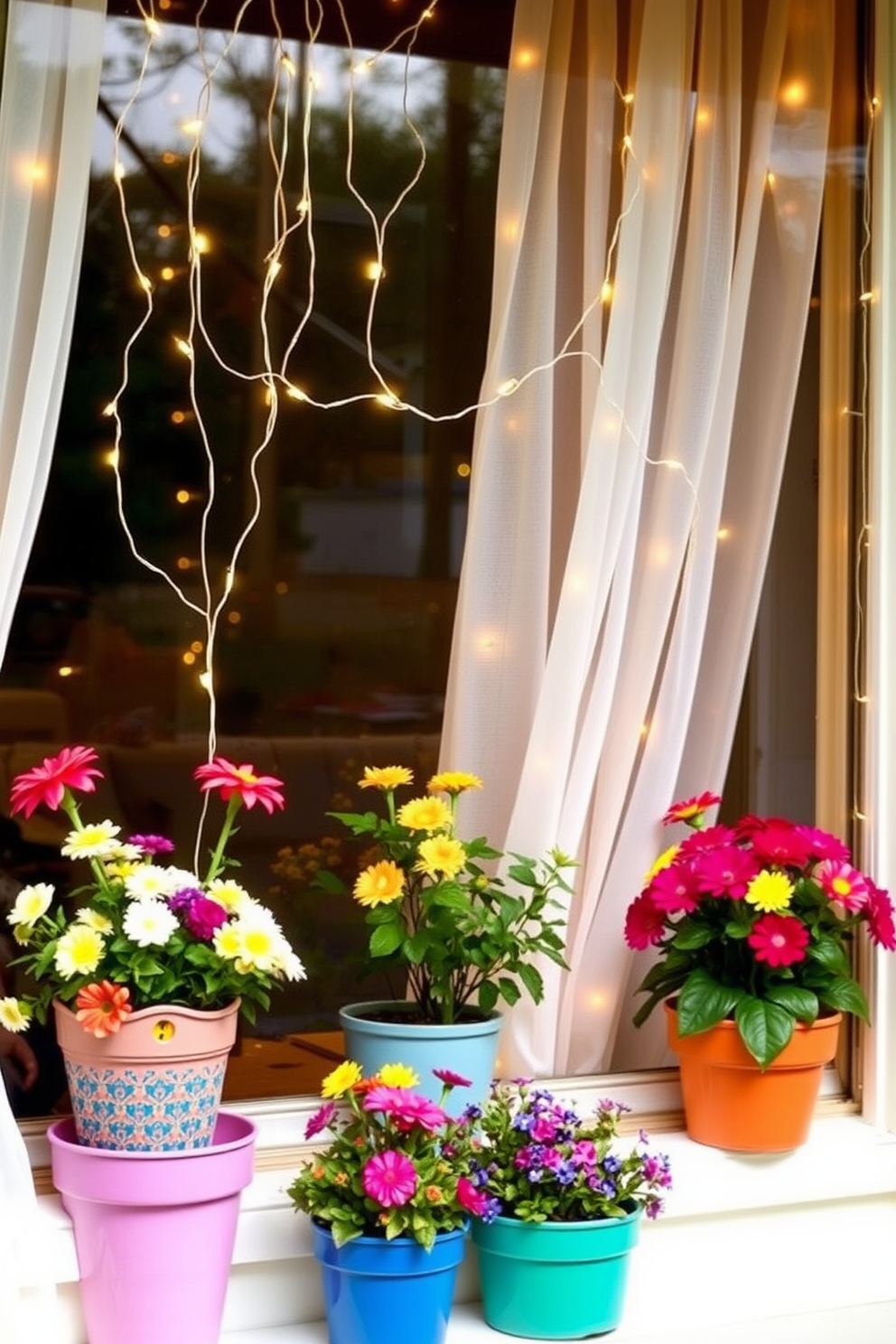 Create a whimsical summer window display featuring twinkling fairy lights that cast a soft glow. Incorporate vibrant floral arrangements in colorful pots, complemented by sheer curtains that flutter gently in the breeze.