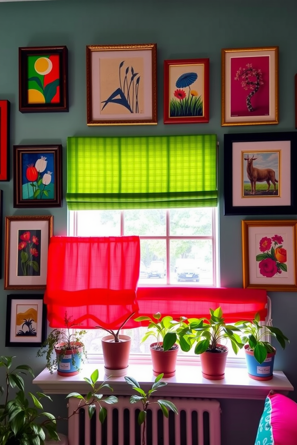 Framed artwork in vibrant colors adorns the walls, creating a lively and inviting atmosphere. The pieces vary in size and style, showcasing a mix of abstract and nature-inspired themes that draw the eye and spark conversation. Brightly colored window treatments complement the decor, allowing natural light to filter in while adding a cheerful touch. Potted plants sit on the windowsill, enhancing the summer vibe with lush greenery and bringing a sense of freshness to the room.