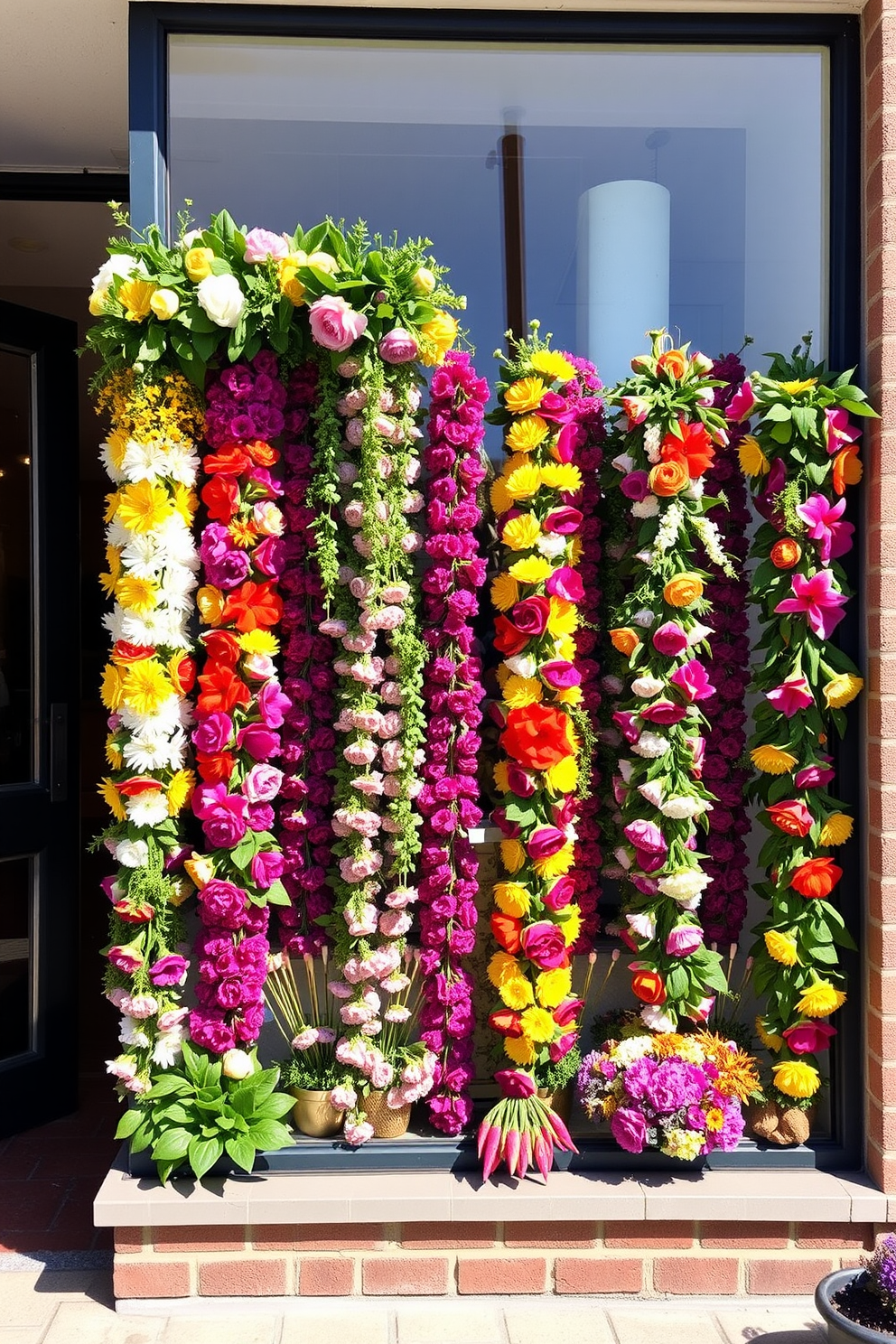 Create a vibrant summer window display featuring an array of colorful seasonal garlands. The garlands should be adorned with bright flowers and lush greenery, bringing a fresh and cheerful atmosphere to the space.