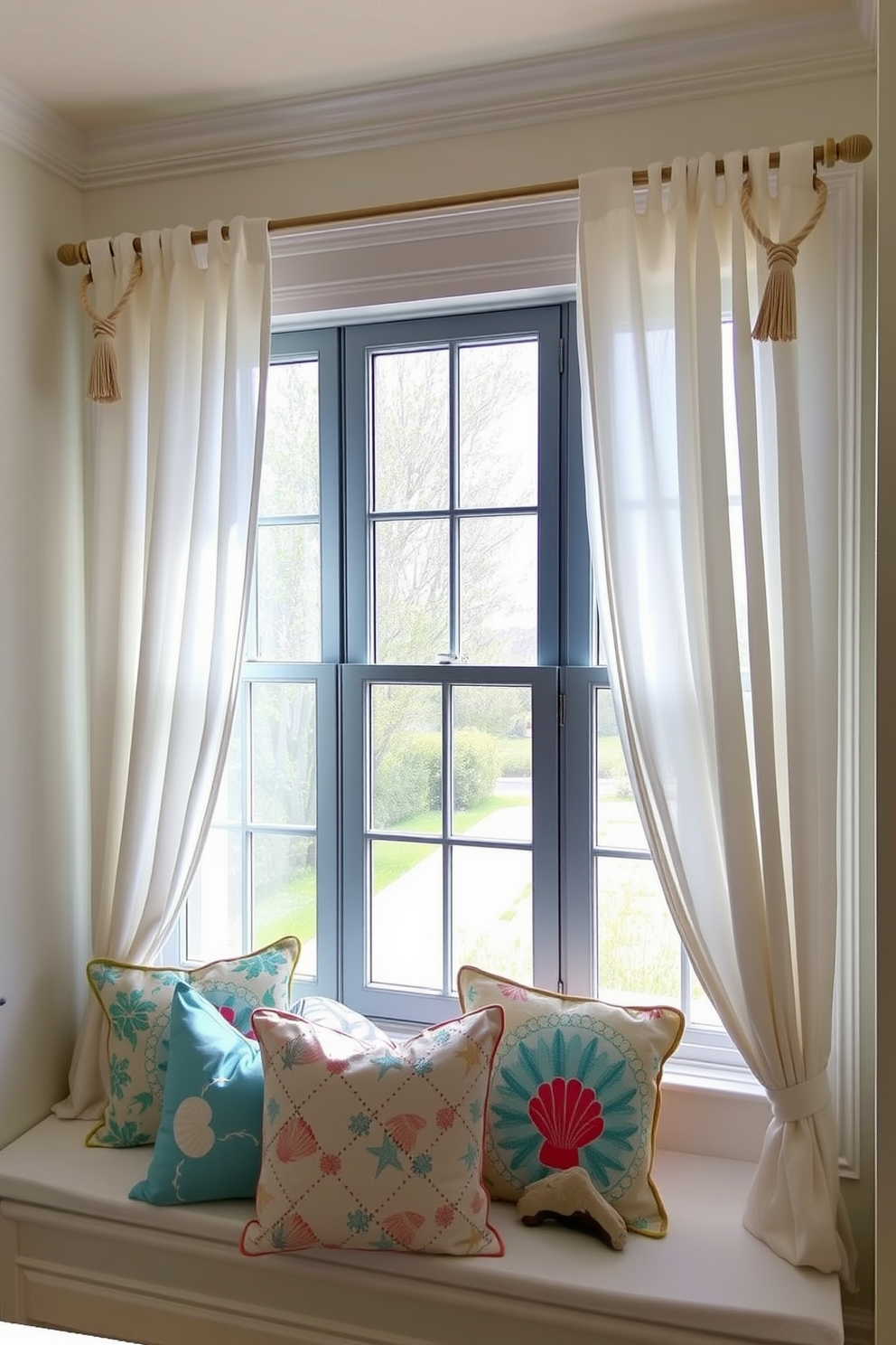 A bright and airy window adorned with sheer white curtains allows natural light to flood the room. Nautical elements like a rope-wrapped curtain rod and seashell-themed tiebacks enhance the coastal theme. A collection of colorful beach-inspired throw pillows is arranged on a nearby bench, inviting relaxation. A small driftwood sculpture sits on the windowsill, adding a charming touch to the summer decor.