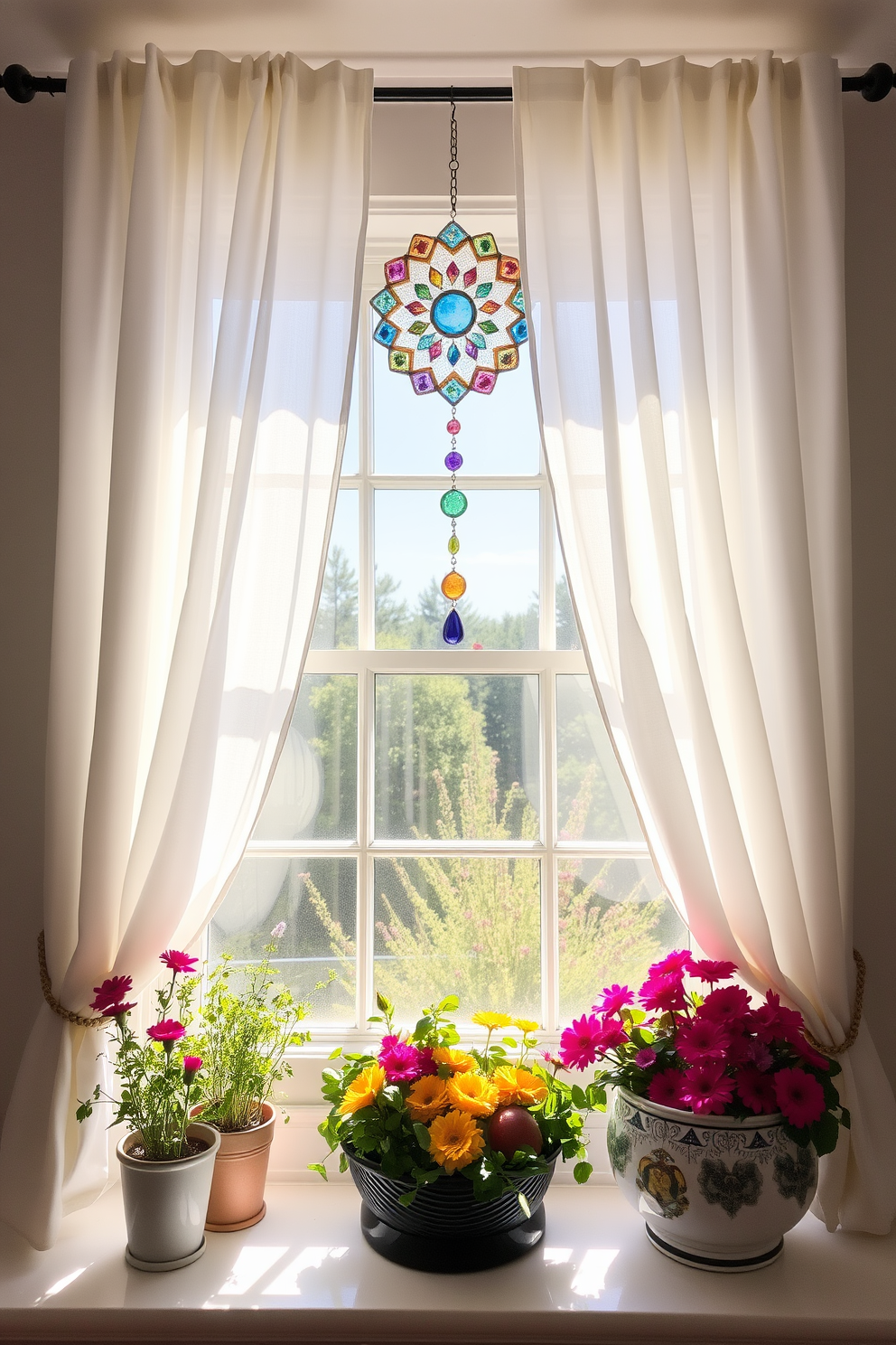 A bright and airy summer window scene featuring sheer white curtains that gently billow in the breeze. A sun catcher hangs in the center, casting colorful reflections across the room as sunlight streams through the window. The windowsill is adorned with potted herbs and vibrant flowers, adding a touch of greenery and life to the space. A decorative bowl filled with seasonal fruits sits nearby, enhancing the cheerful and inviting atmosphere.