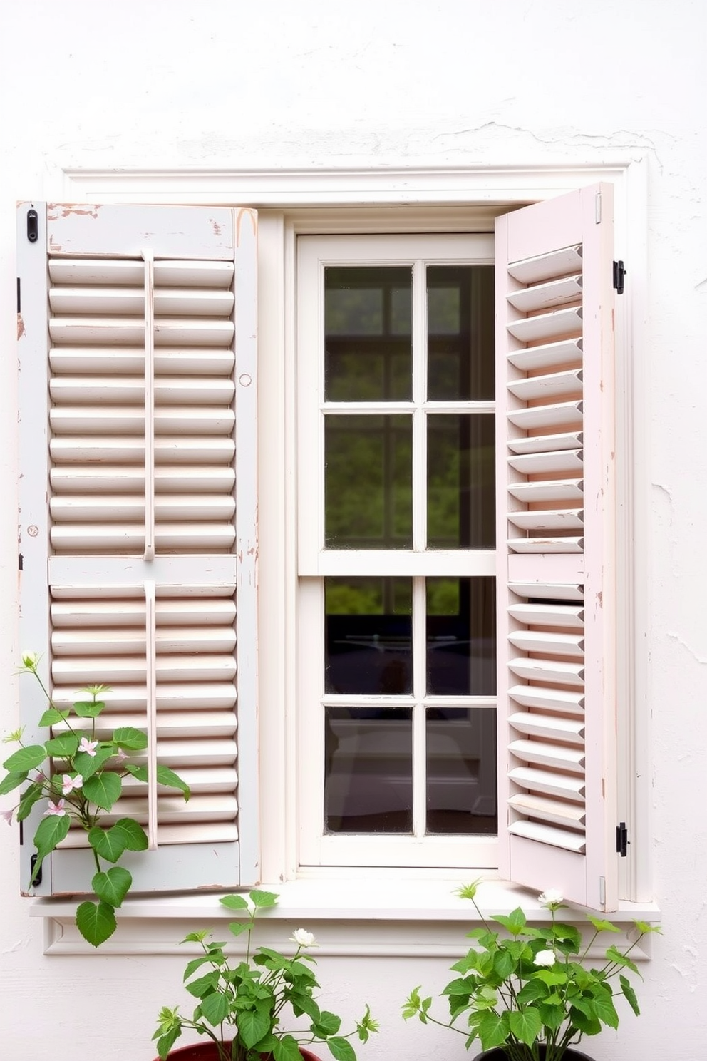 A charming summer window adorned with vintage shutters that add a rustic touch to the decor. The shutters are painted in soft pastel colors, complementing the light and airy feel of the room.