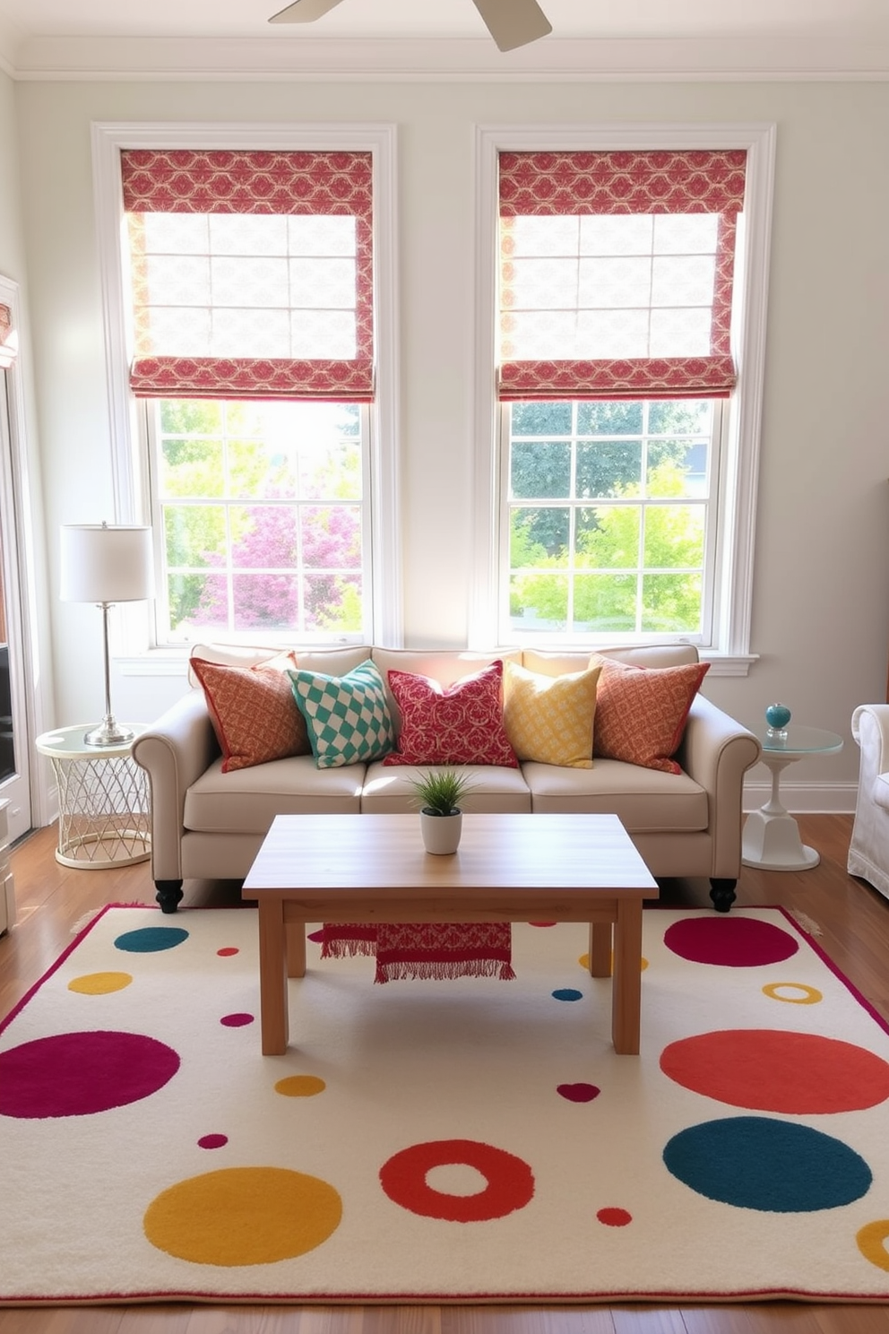 Create a bright and cheerful living room filled with natural light. The windows are adorned with colorful patterned roller shades that add a playful touch to the space. In the center of the room, there is a cozy seating area with a plush sofa and vibrant throw pillows. A light wooden coffee table sits in front, complemented by a whimsical area rug that ties the decor together.